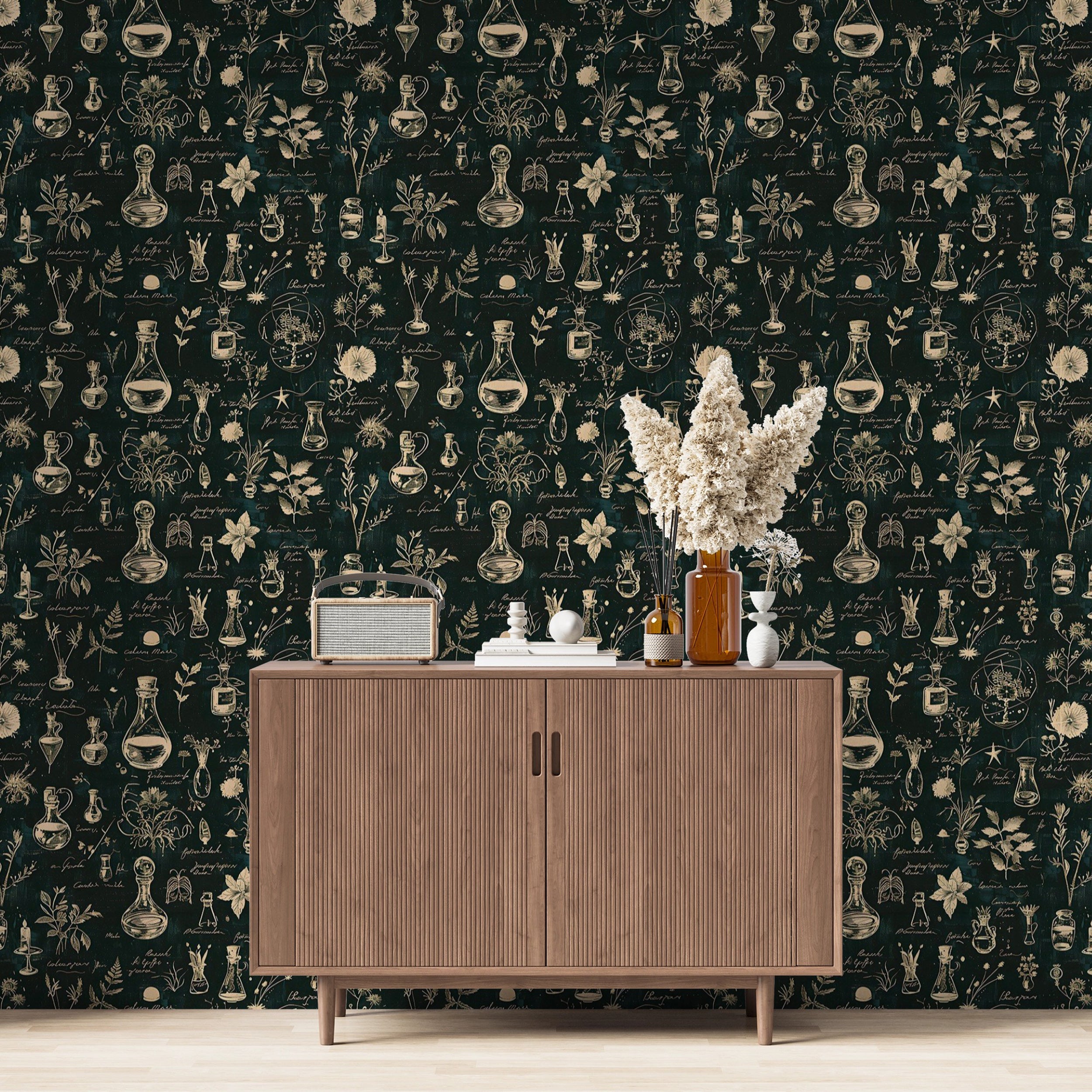 Herbal and botanical pattern wallpaper for home offices Dark green vintage wallpaper with herbal motifs