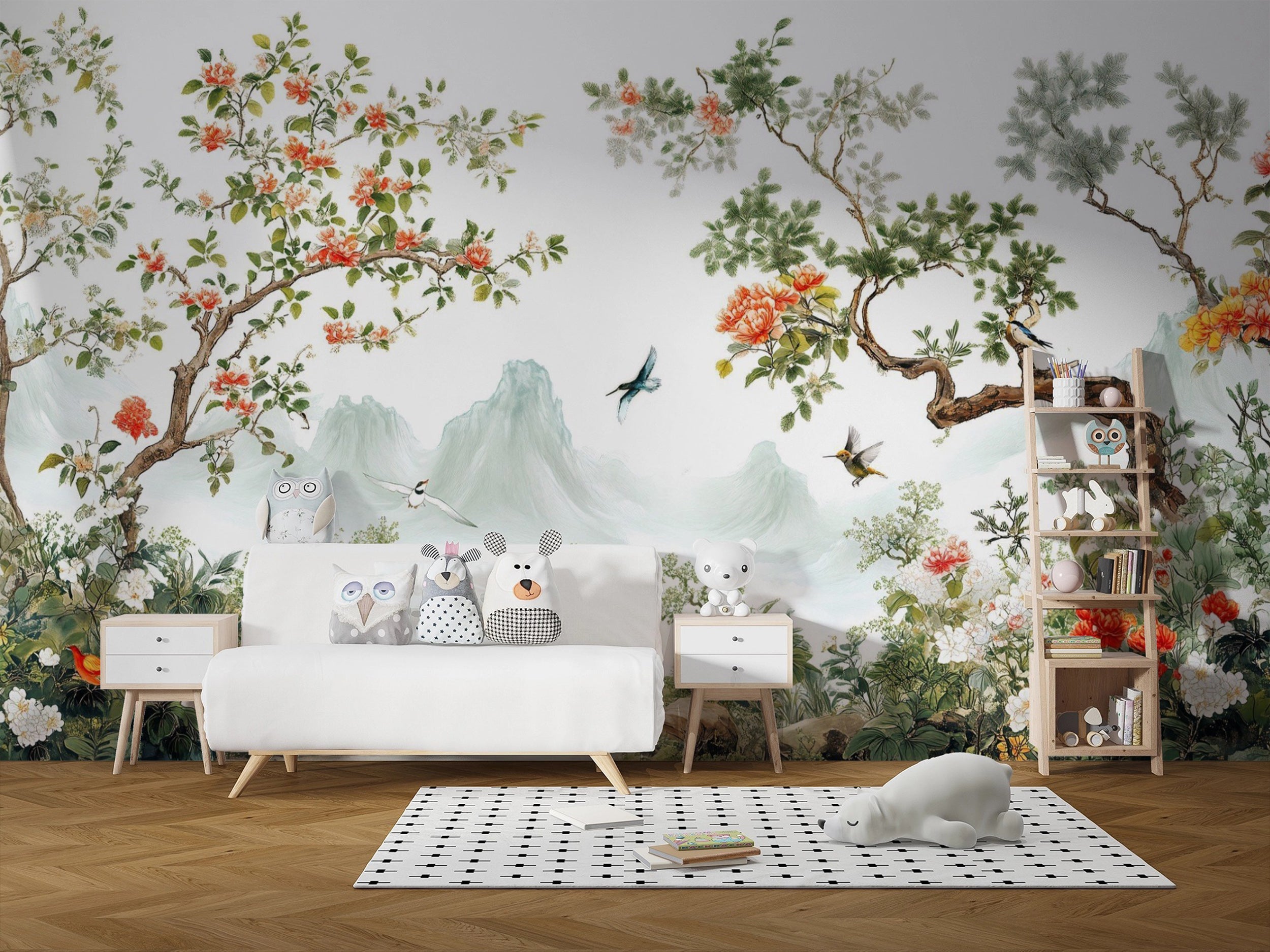 Blossom trees and mountains wall mural Colorful Japanese landscape wallpaper