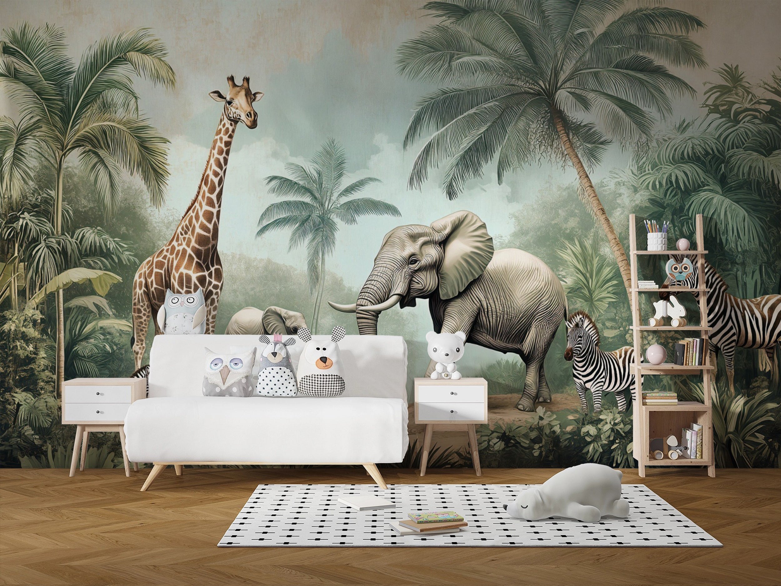 Bright and playful safari-themed wall decor Tropical animals wallpaper for children's room