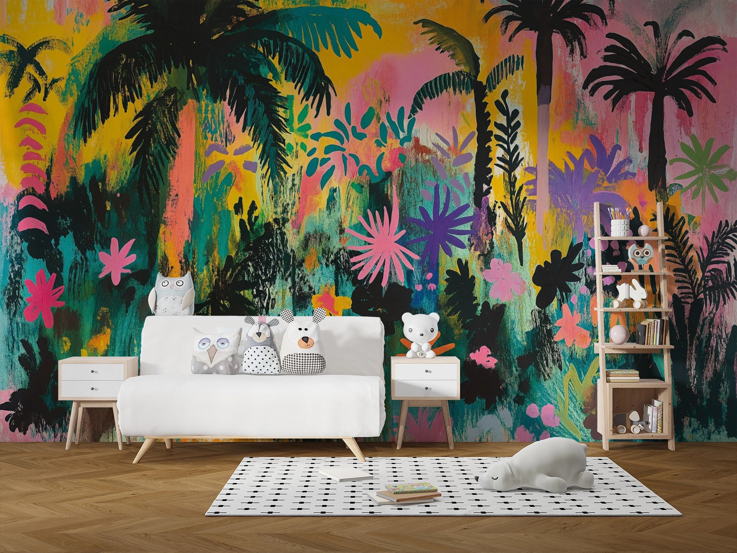 Peel and stick tropical mural for kids' room Eco-friendly watercolor jungle wallpaper