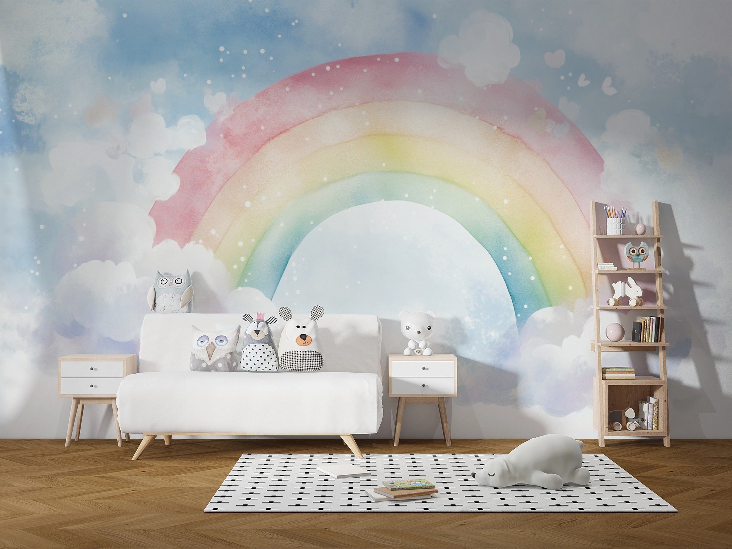 Whimsical nursery wall decor with rainbow and clouds