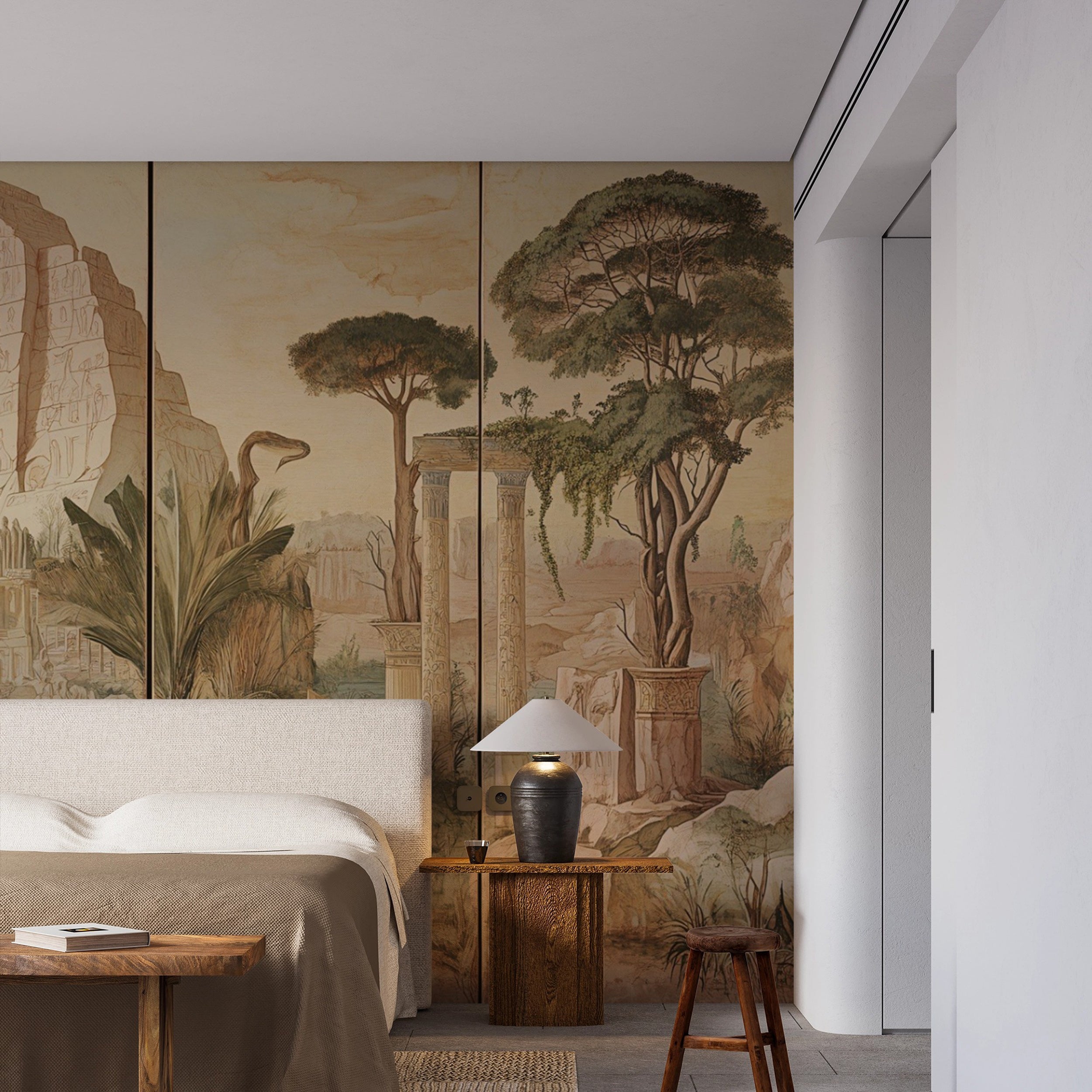 Ancient Vintage Landscape in Old Panels Style Mural, Old Greek Ruins Scenic Wallpaper, Peel and Stick Removable Wall Art