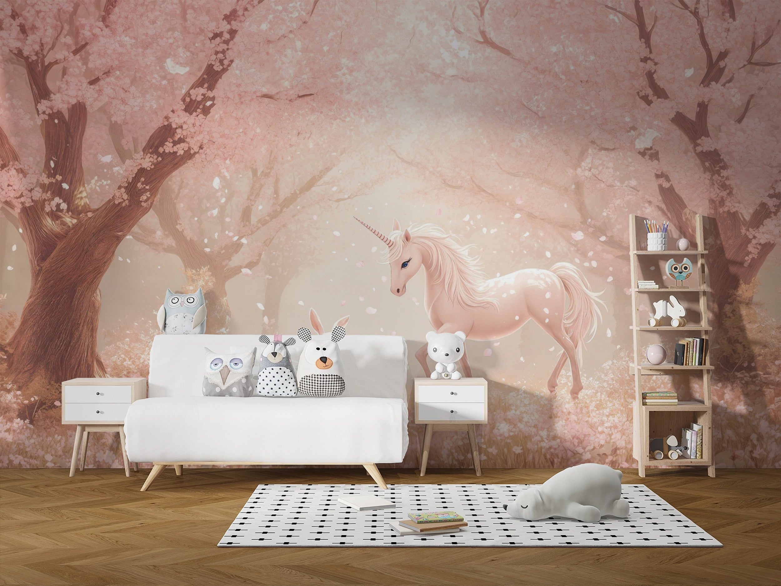 Pink forest wallpaper with unicorn and rabbit