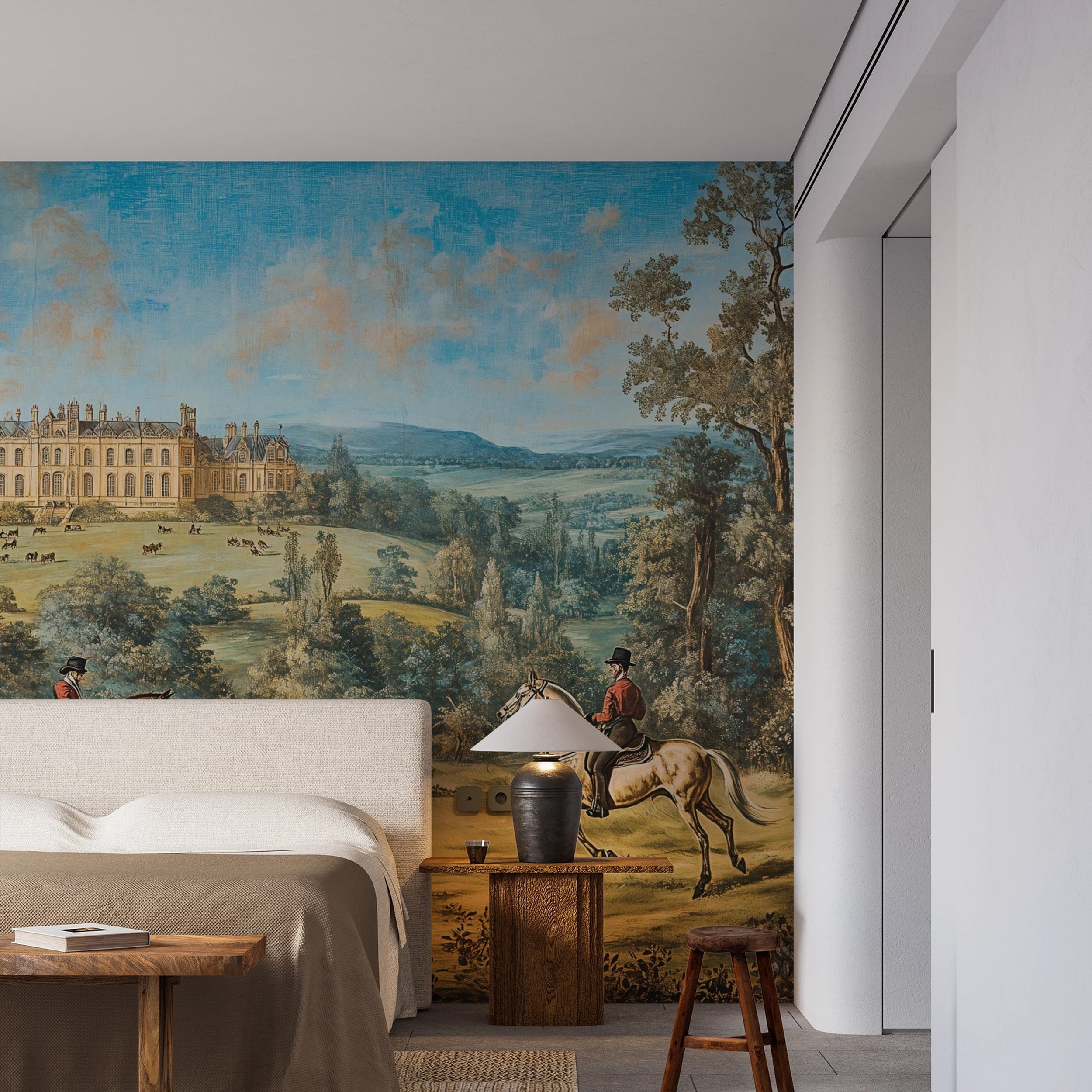 Scenic Wallpaper, Vintage Panoramic Landscape With Old French Castle and Horse Riders Mural, Rural Antique Painting Wall Mural