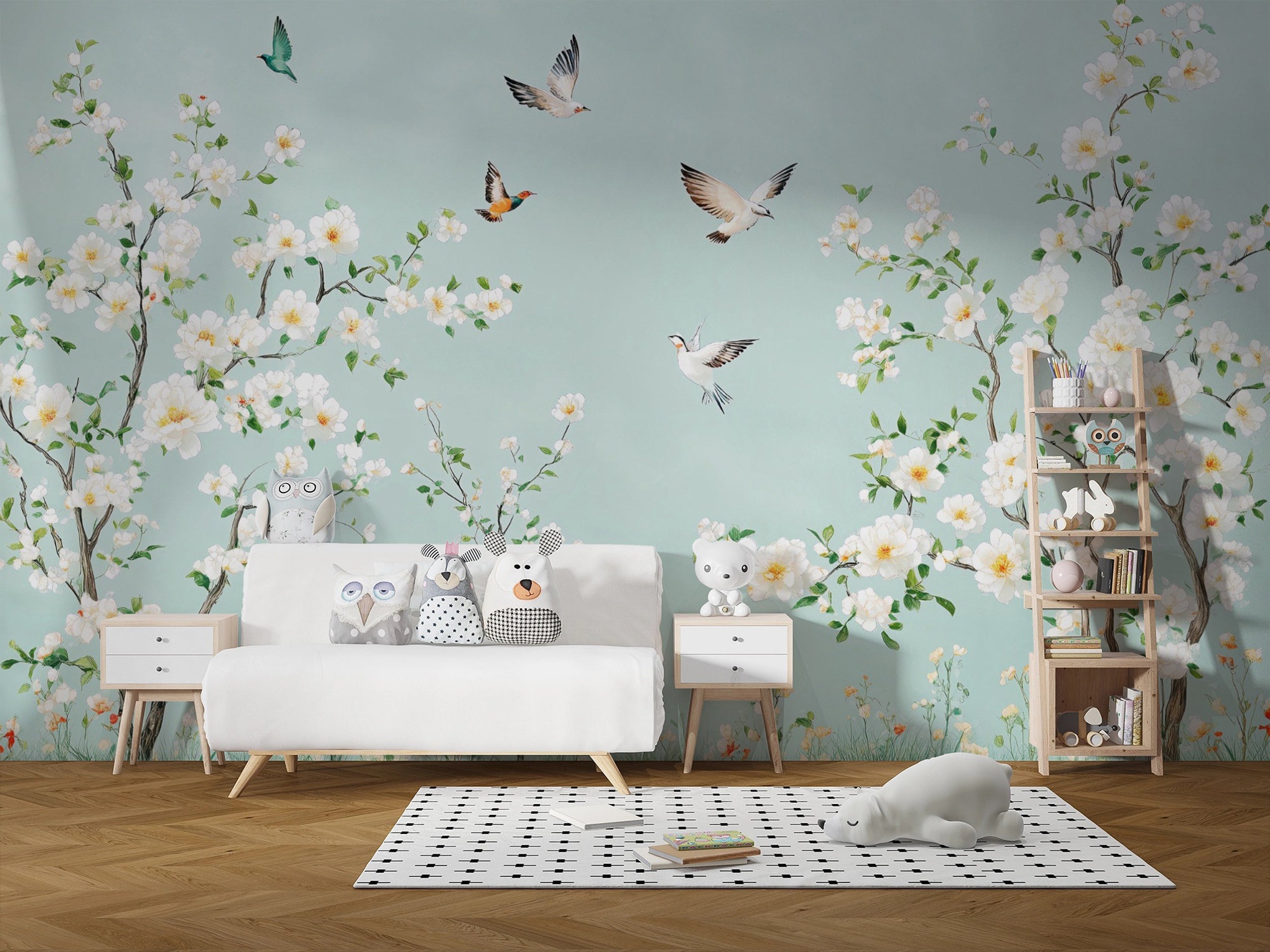 Chinoiserie blossom tree and bird mural for kids’ rooms Serene blue and white nursery wallpaper with floral design