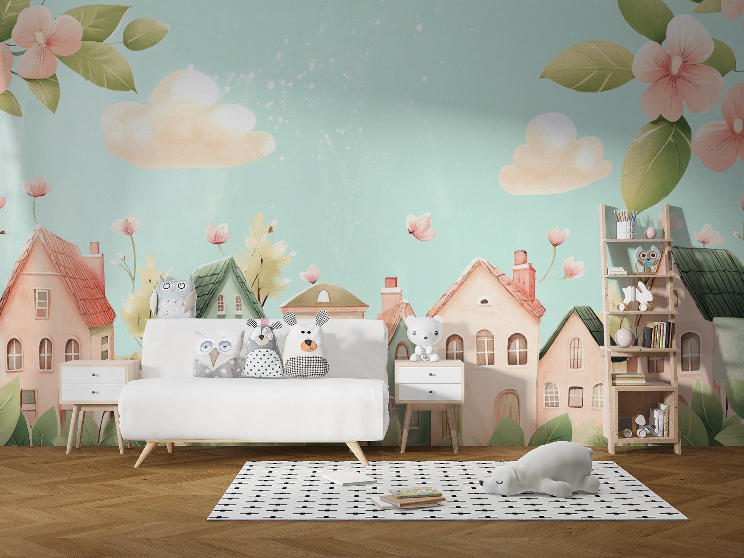 Kid-friendly pastel town and floral mural for rooms