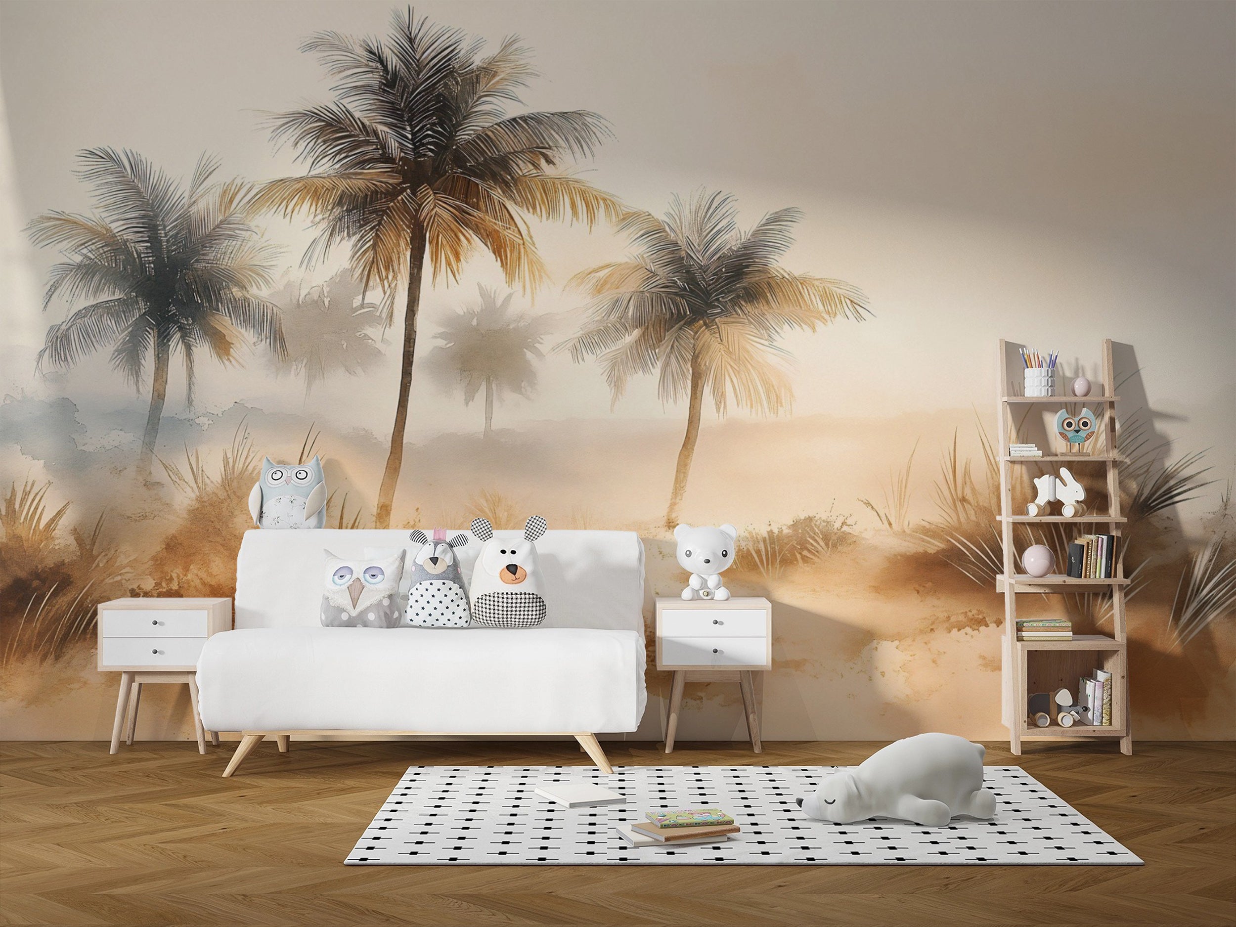 Beige watercolor desert landscape wall mural Palm trees in desert peel and stick wallpaper