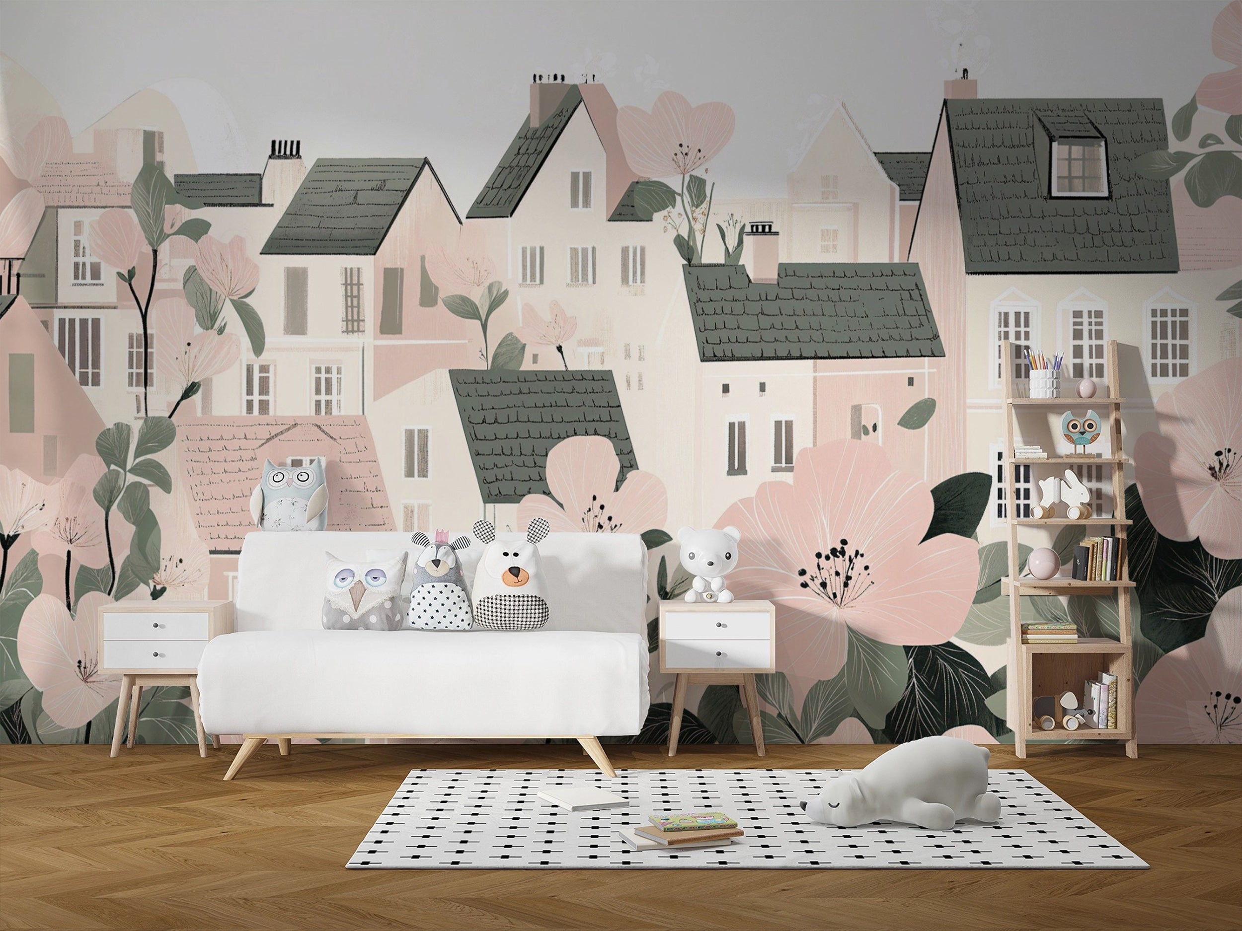 Nursery accent wall with pastel town and flowers Whimsical soft pink and beige town wallpaper for kids