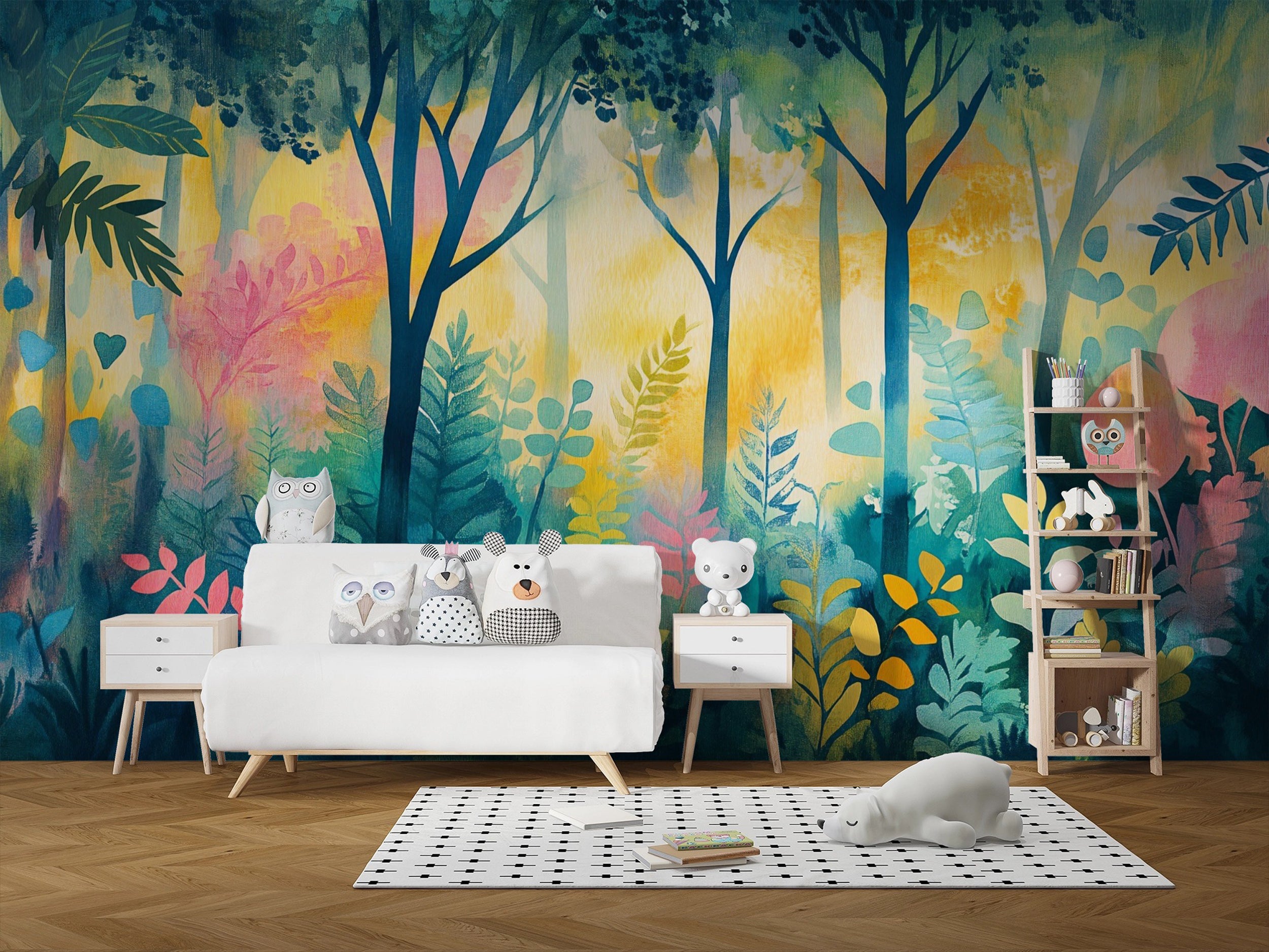 Colorful Abstract Forest Mural, Watercolor Trees and Plants Nursery Accent Wall Decor, Peel and Stick Green and Yellow Woodland Wallpaper