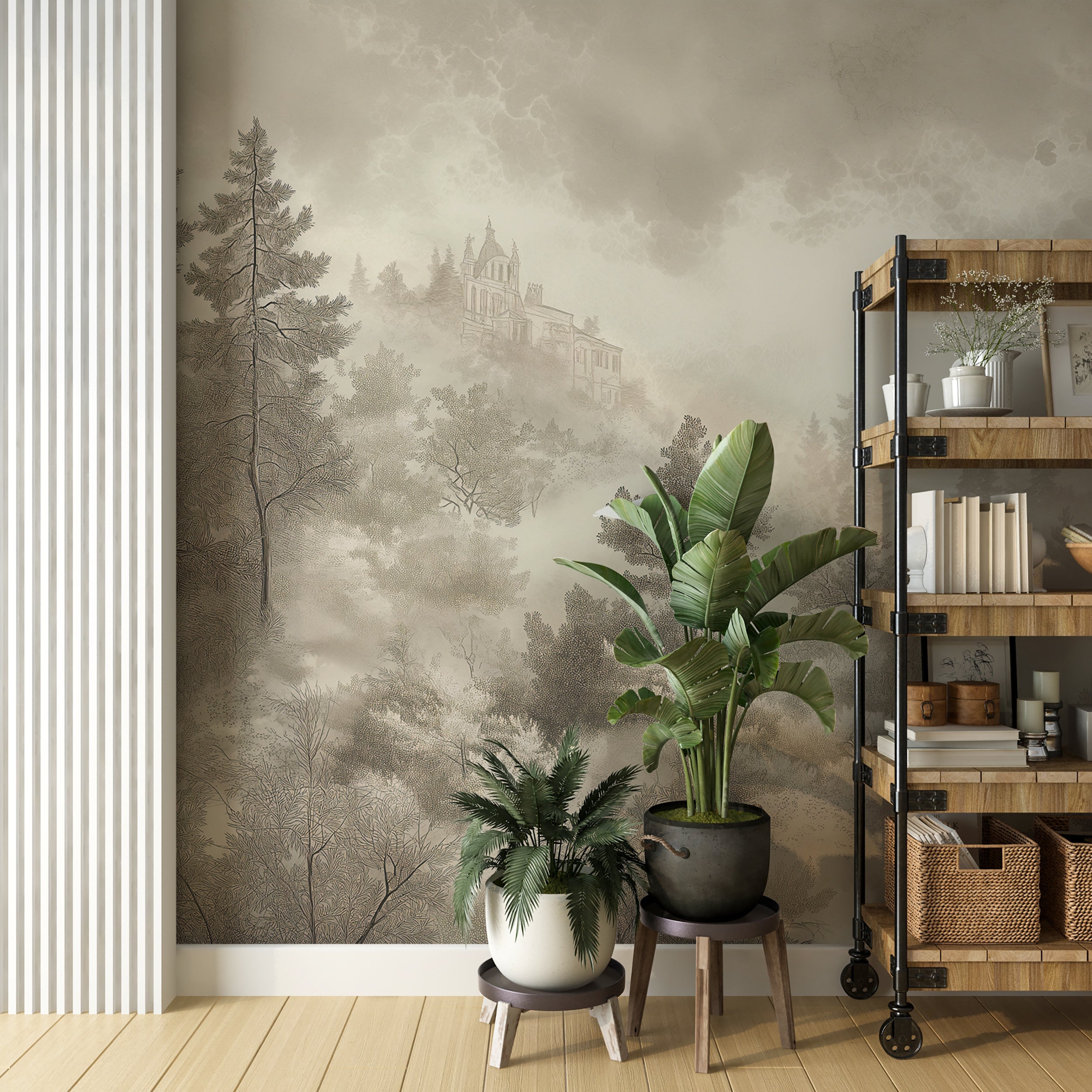 Removable beige forest wallpaper with foggy trees
Sepia-tone peel and stick forest landscape art