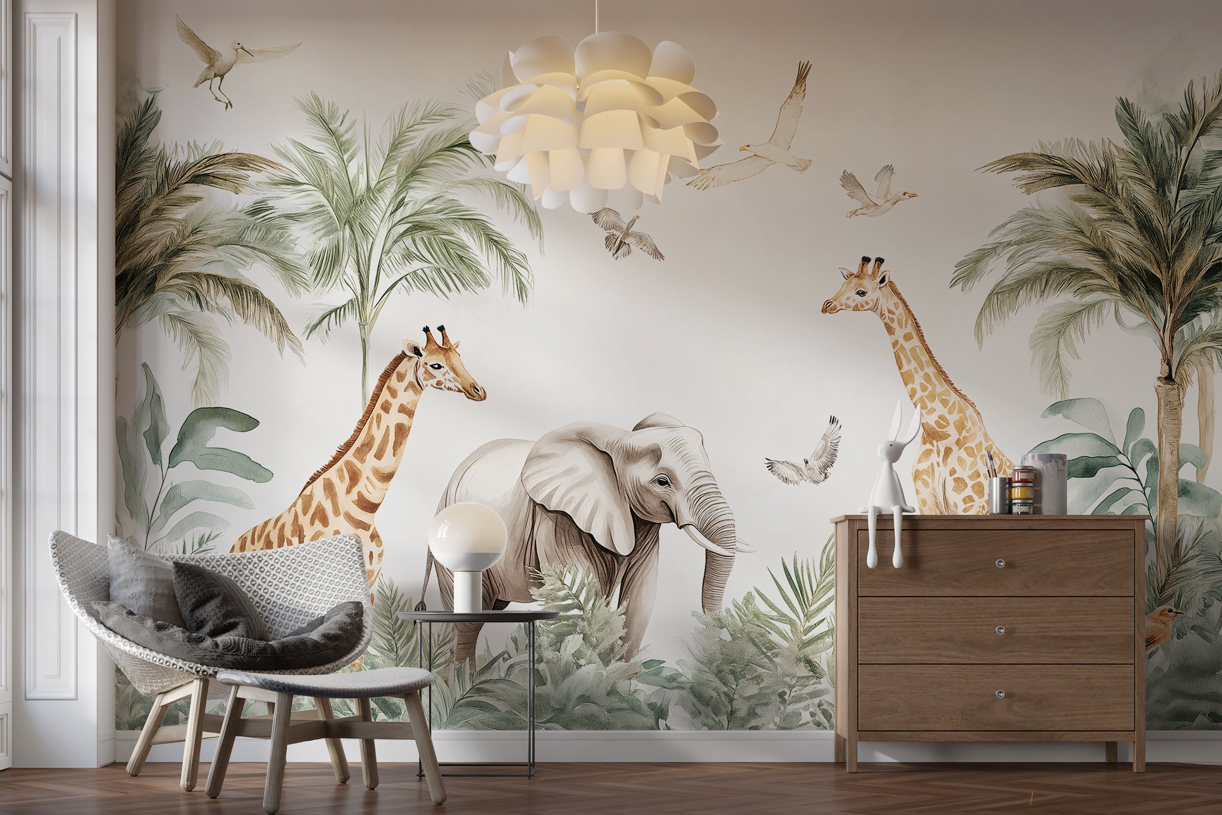 Animals in the jungle mural for nursery decor
Peel and stick tropical wildlife mural with elephants