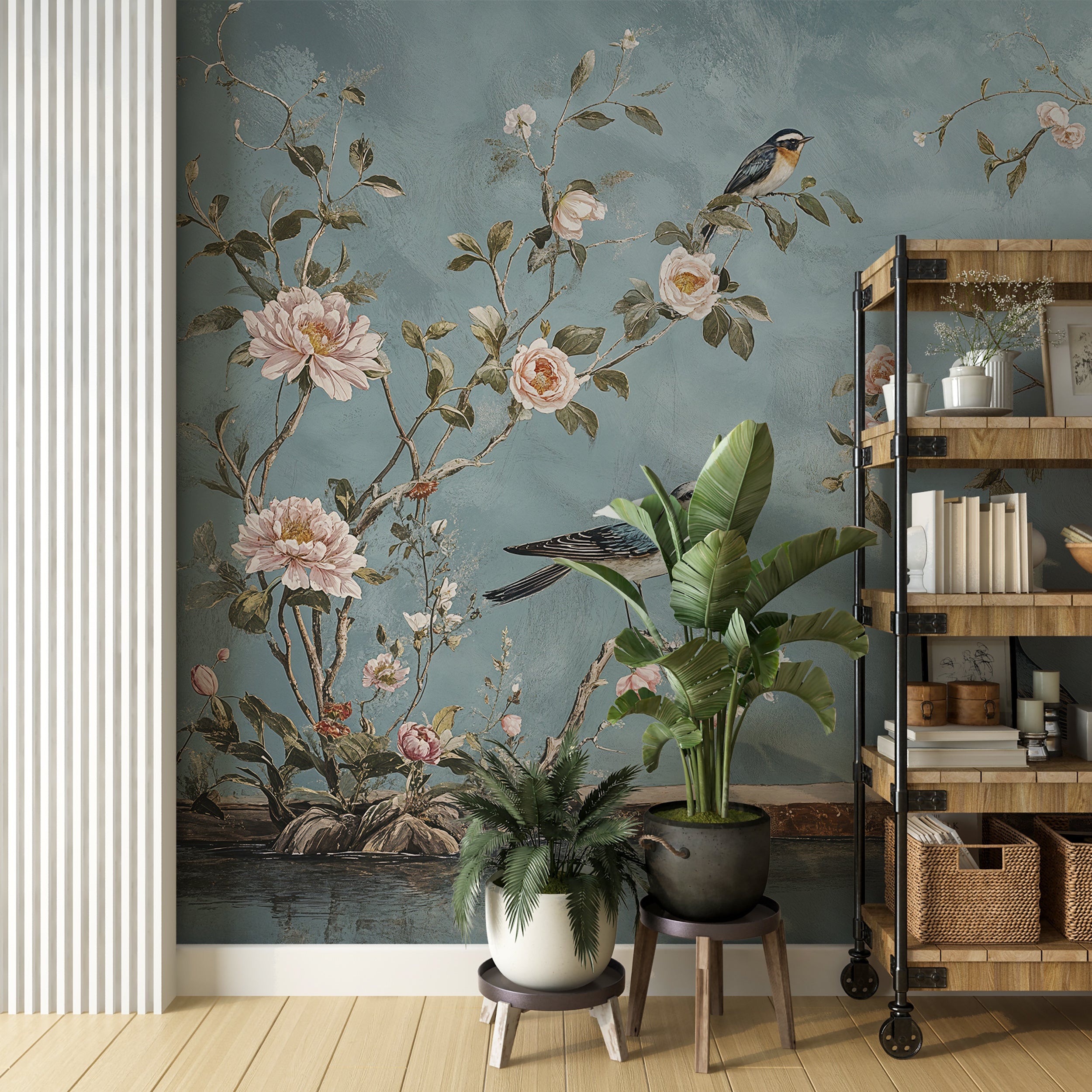 Soft blue wallpaper with traditional Japanese botanical design
Peel and stick Japanese Chinoiserie mural for living rooms