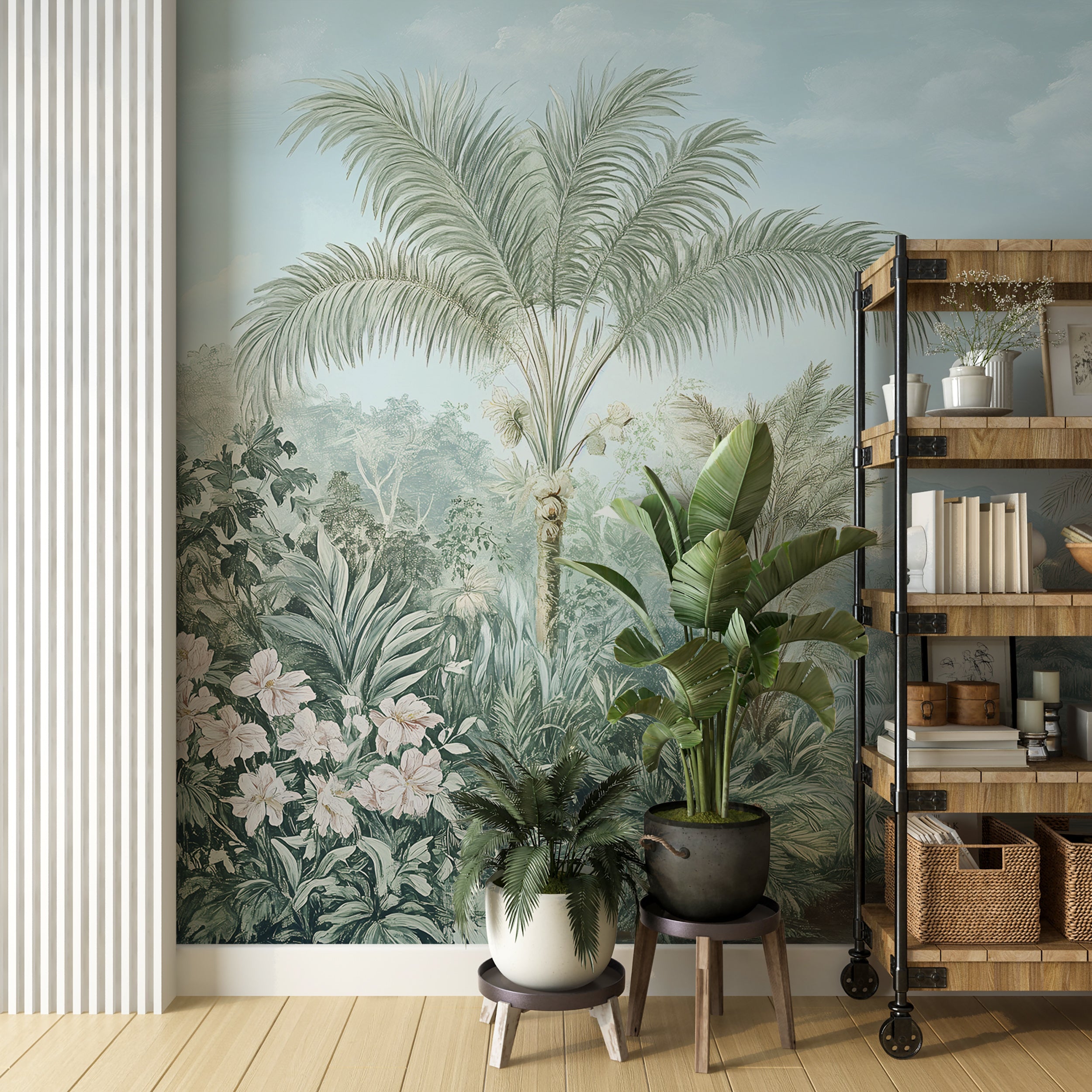 Soft watercolor palm trees wallpaper for living rooms
Botanical peel and stick wallpaper with tropical plants