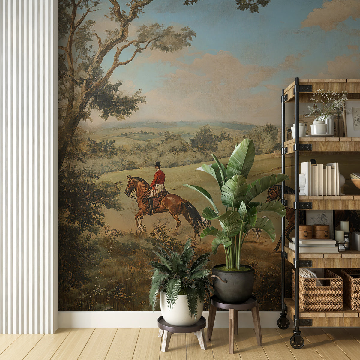 Vintage Scenic Wall Mural - Horses Hunting Dogs and Castle Wallpaper