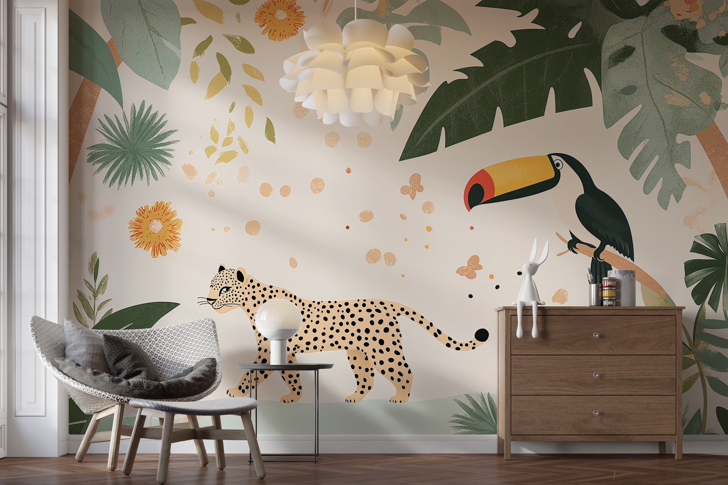 Removable nursery mural with cheetah and toucan
Tropical kids room wall art with cartoon animals