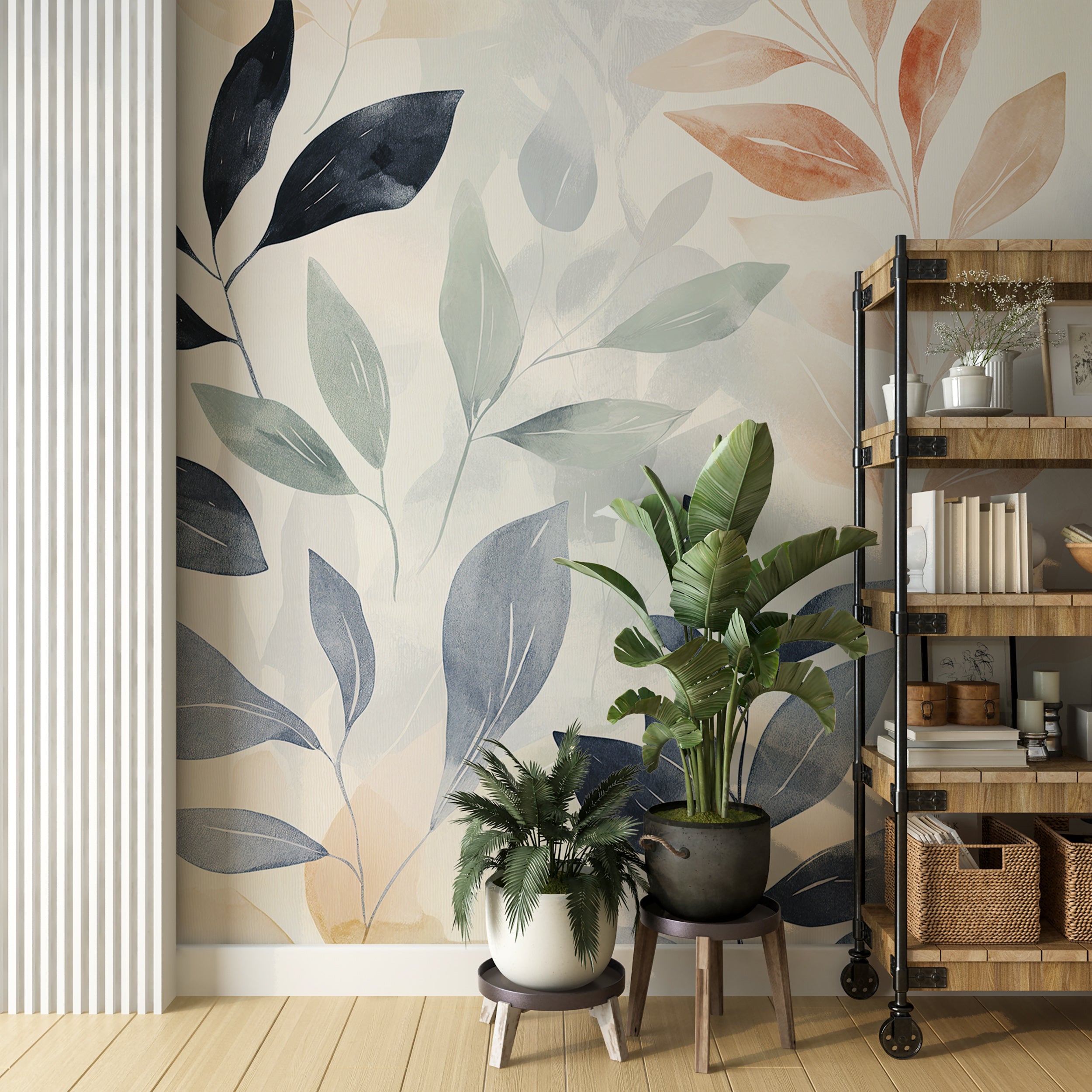 Easy-to-apply large leaf wallpaper with boho style
Tranquil pastel leaf mural for nursery decor