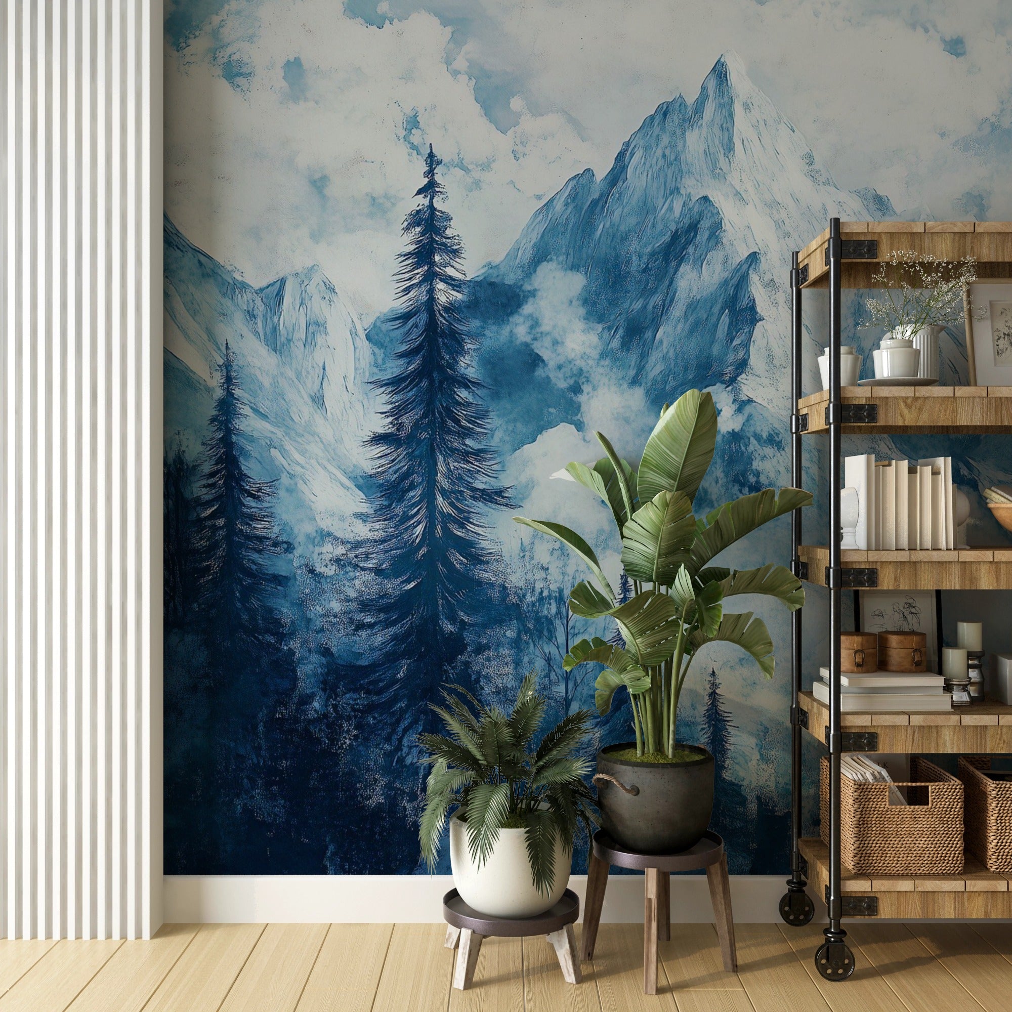 Easy-to-apply blue mountain and forest wall decor
Tranquil mountain landscape mural with watercolor style