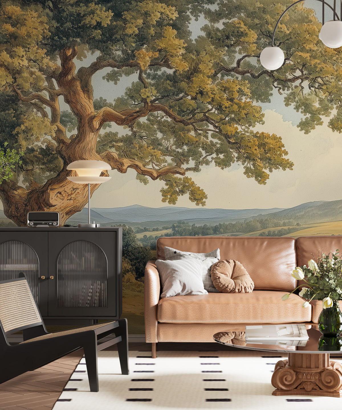 Vintage Scenic Landscape Mural - Large Tree & Field Classic Wallpaper