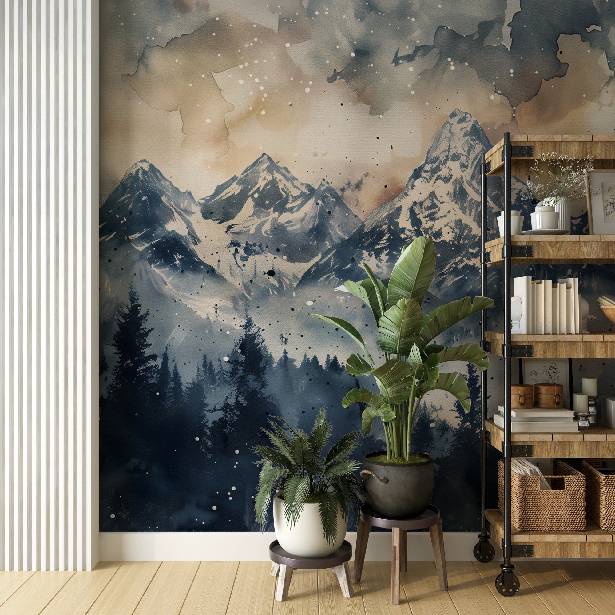 Soft grey and beige landscape mural with watercolor effect
Easy-to-apply nature-inspired mountain view wall decor