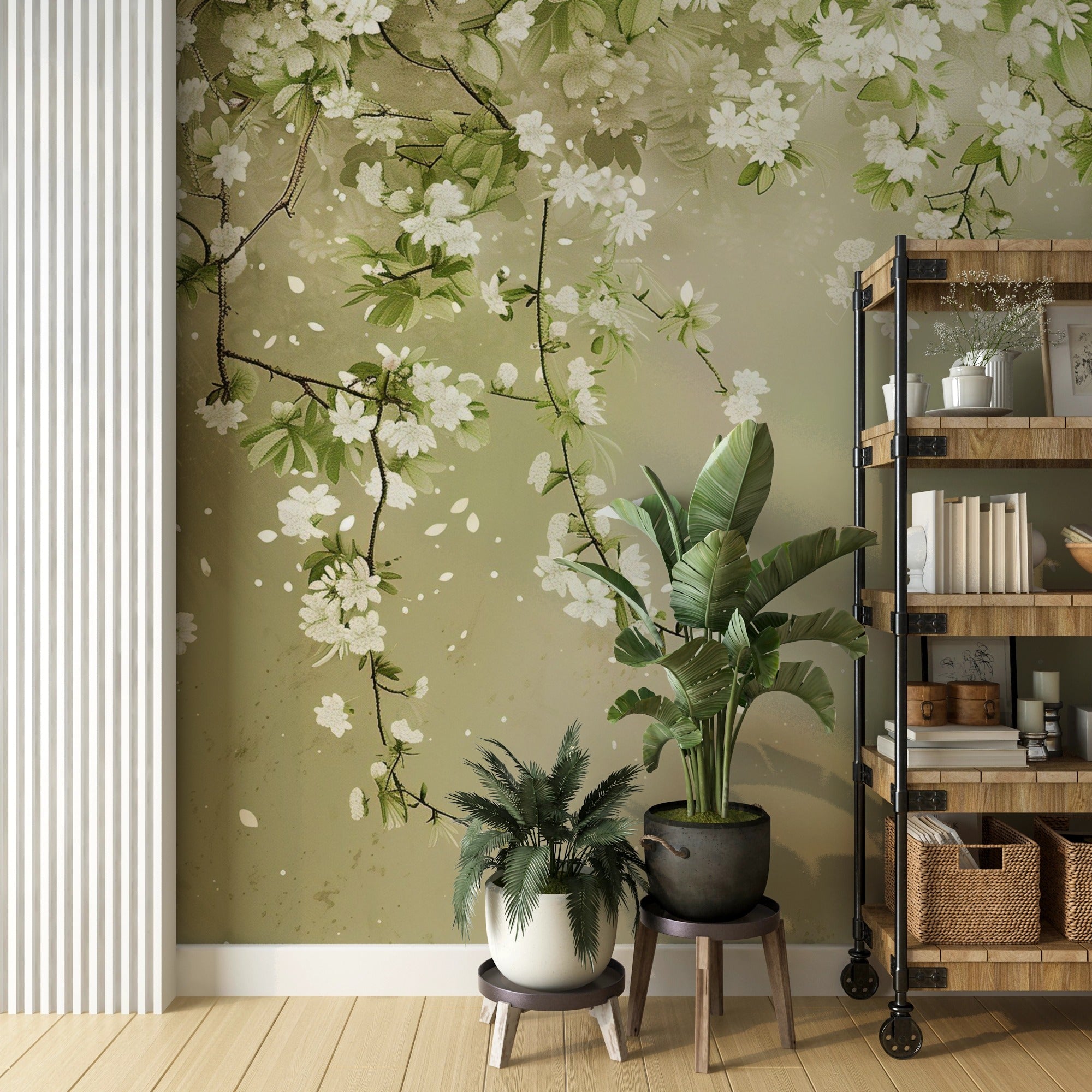 Soft green and white floral wallpaper for rooms
Elegant cherry blossom mural for home decor