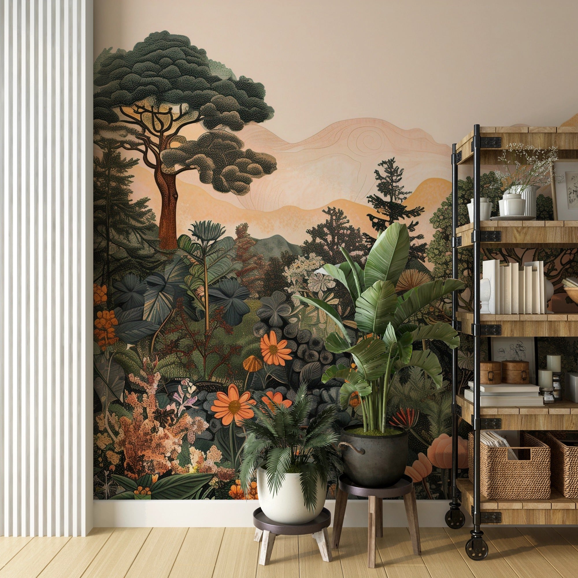 Easy-to-apply colorful tropical landscape mural
Removable forest and mountains mural for nurseries