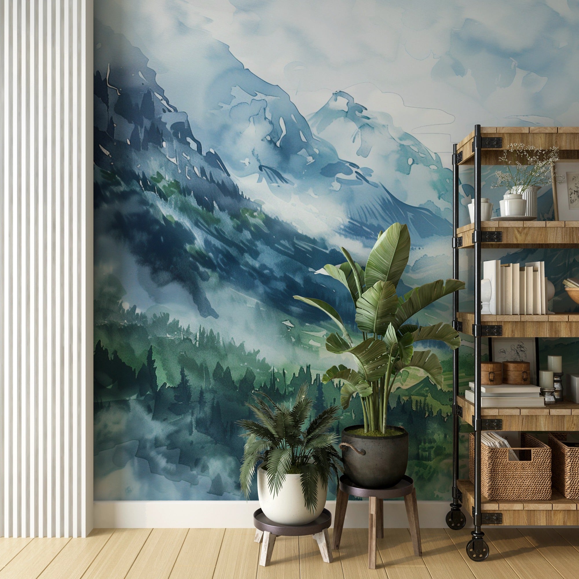 Removable mural with green and blue cloudy mountain scene
Nursery wall decor with watercolor mountain valley landscape