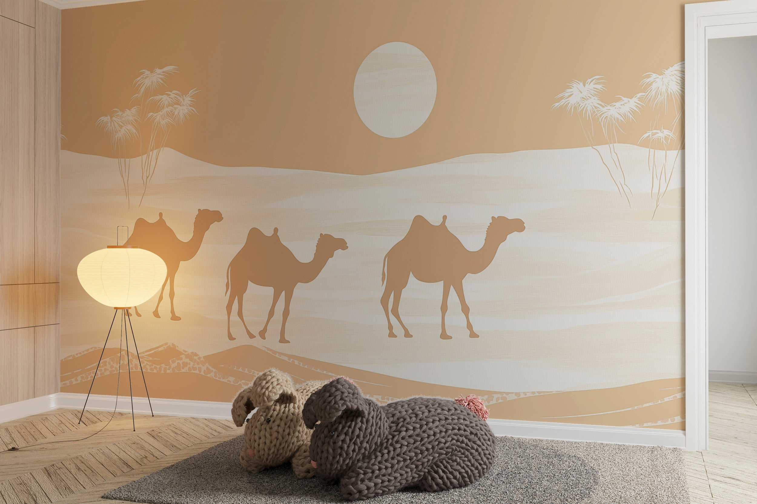 Minimalist desert mural with camels and sand dunes.
Beige and white camel wall art for modern interiors.