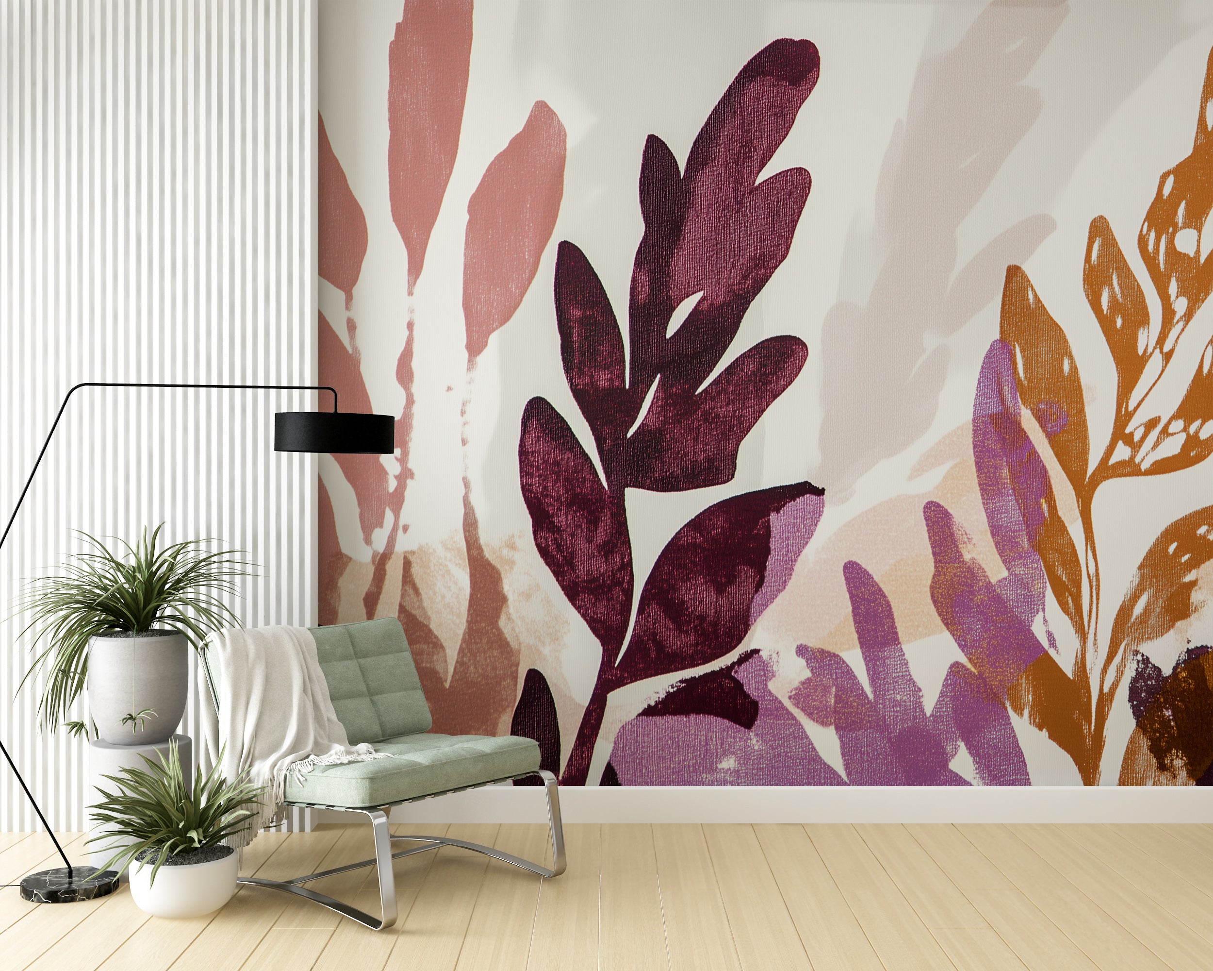 Modern boho leaves wall art in a peel-and-stick format.
Abstract colorful botanical mural for living rooms.