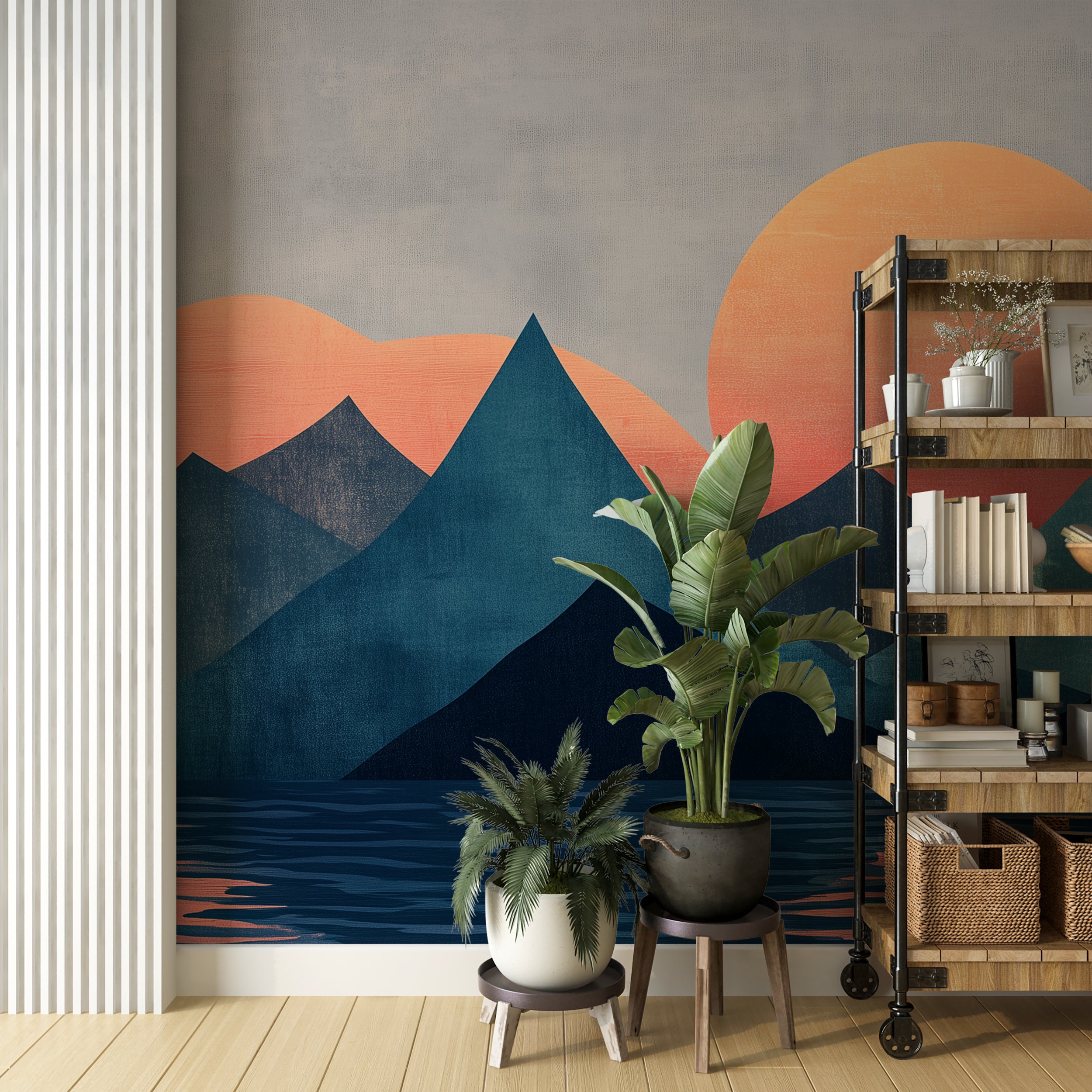 Serene sunset mountain mural for calming interior spaces.
Artistic blue and orange mountain landscape wallpaper.