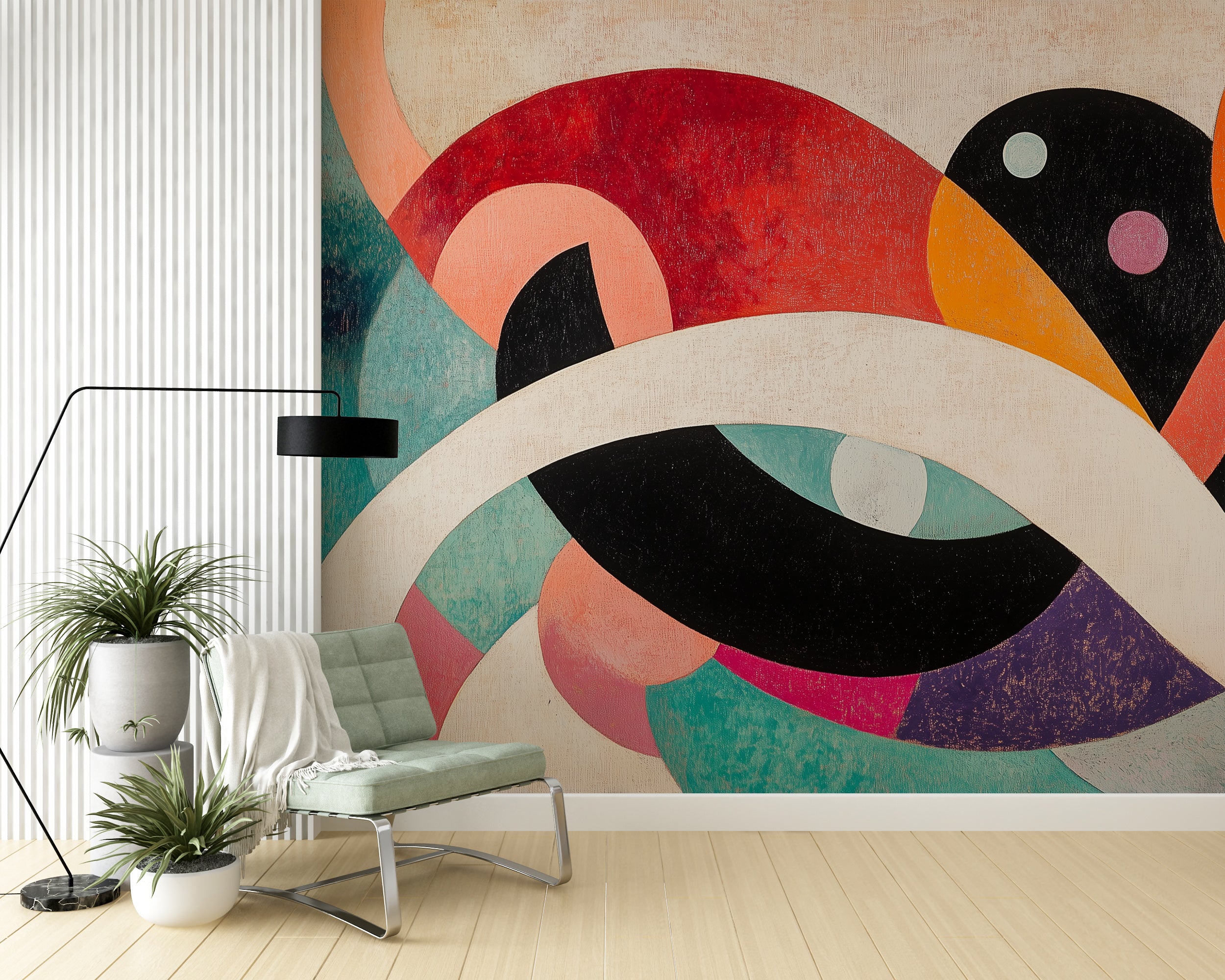 Artistic geometric mural for dynamic interior spaces.
Peel-and-stick abstract mural with colorful designs.