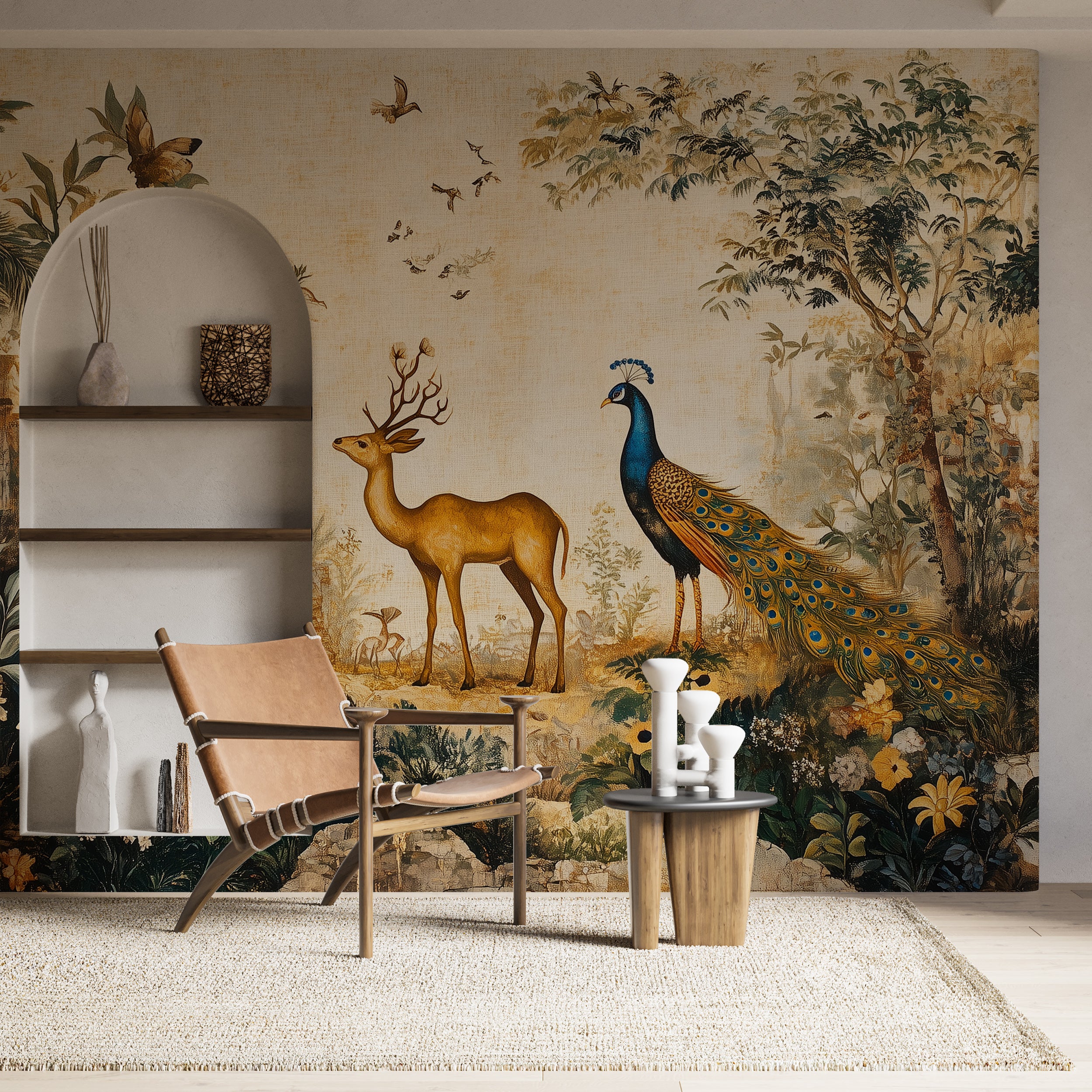 Vintage wallpaper featuring peacocks and blossoms.
Traditional scenic mural with deer and botanical accents.