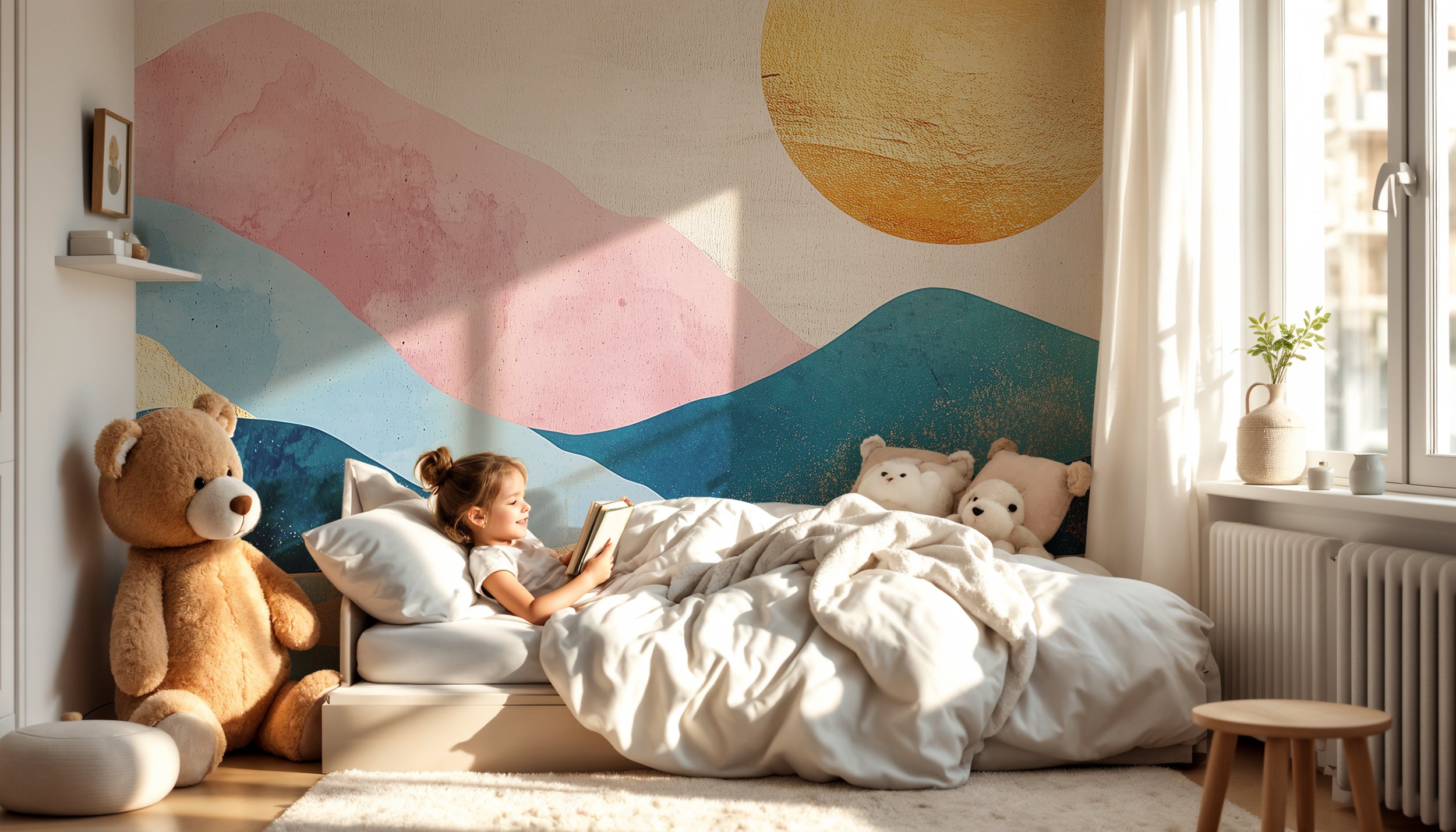 Colorful abstract wallpaper with geometric landscape.
Peel-and-stick mural featuring pastel mountains and sun.