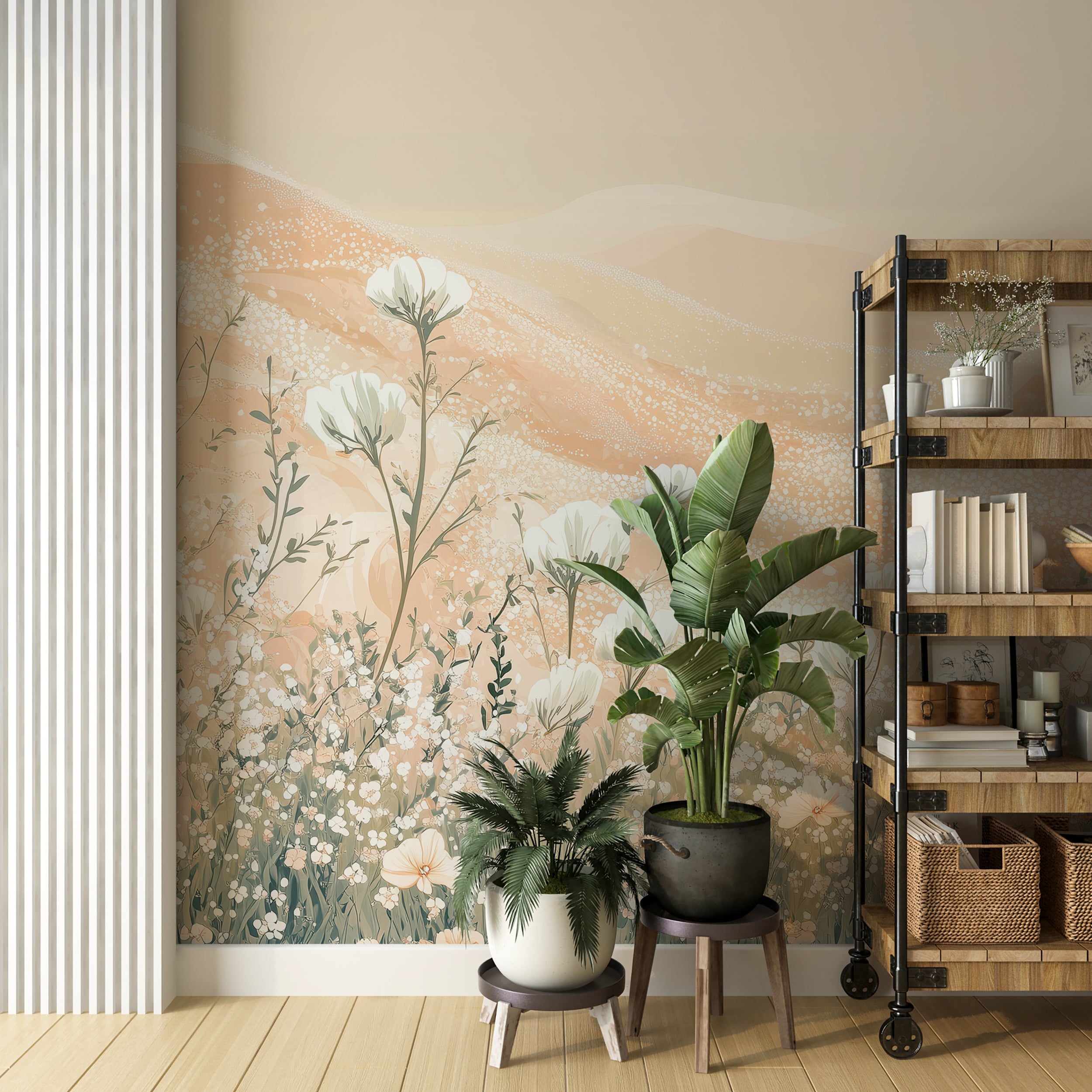 Soft botanical wallpaper featuring delicate white flowers.
Tranquil beige floral mural for nursery wall decor.