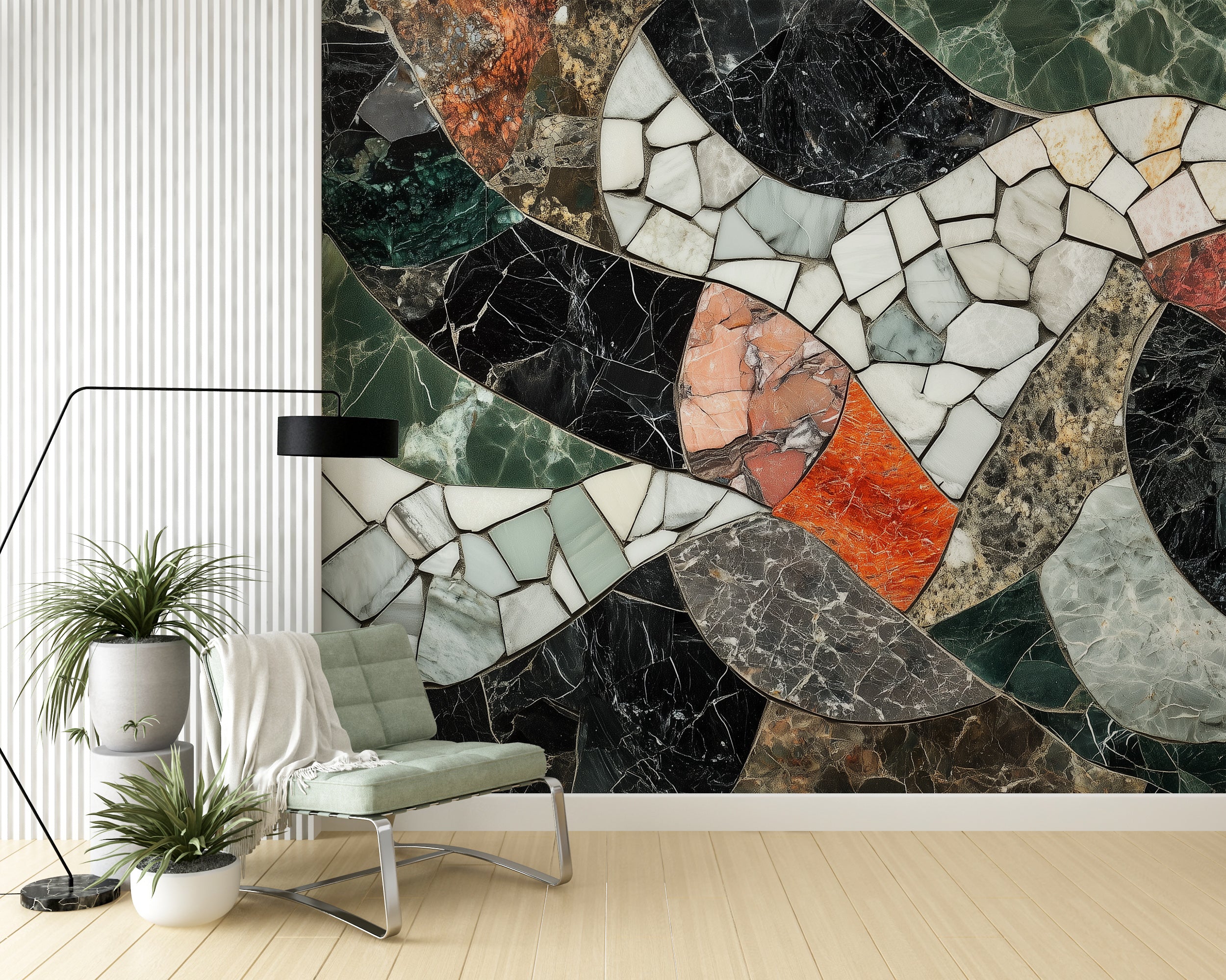 Abstract mosaic wallpaper in a peel-and-stick format.
Minimalist mural featuring marble tiles and shapes.