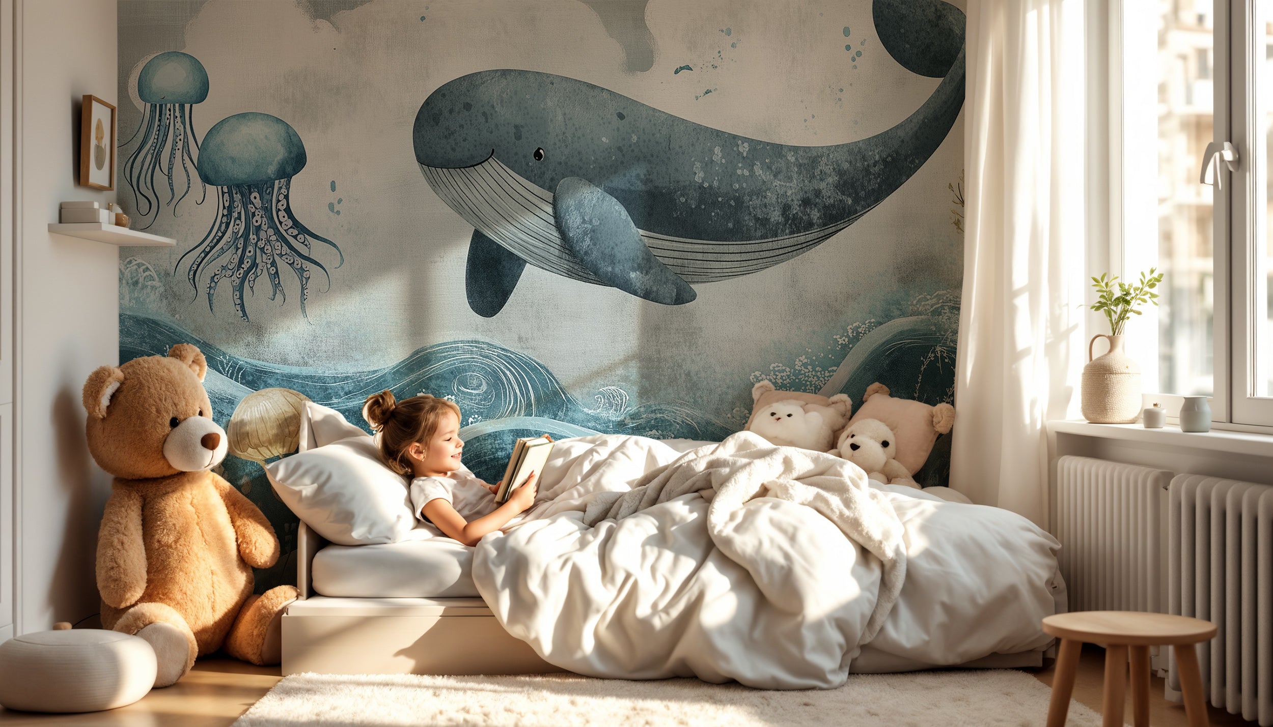 Peel-and-stick ocean wallpaper for a calming nursery vibe.
Underwater life wall art with blue ocean accents.