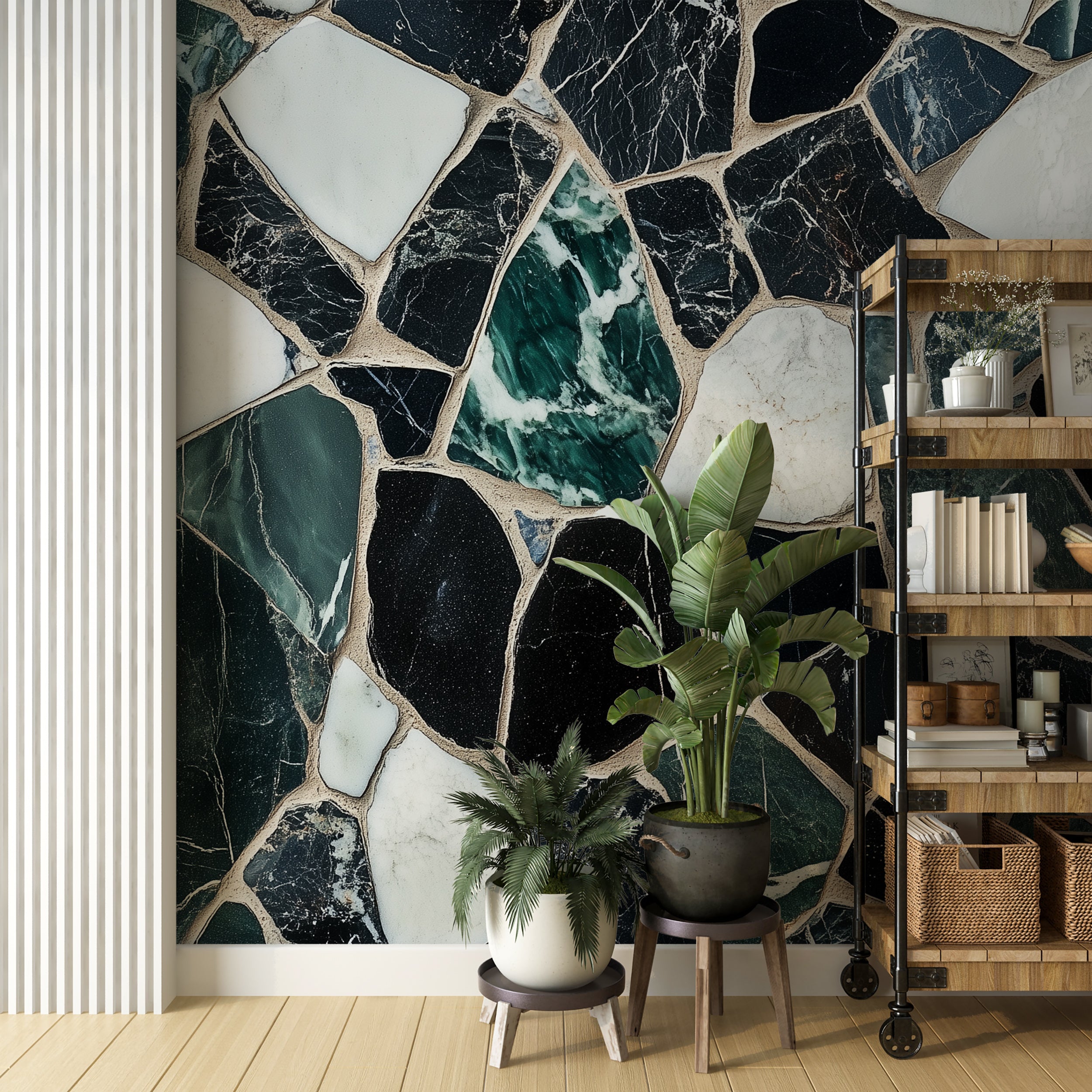 Elegant peel-and-stick bathroom marble art.
Marble tiles mural for an accent wall design.