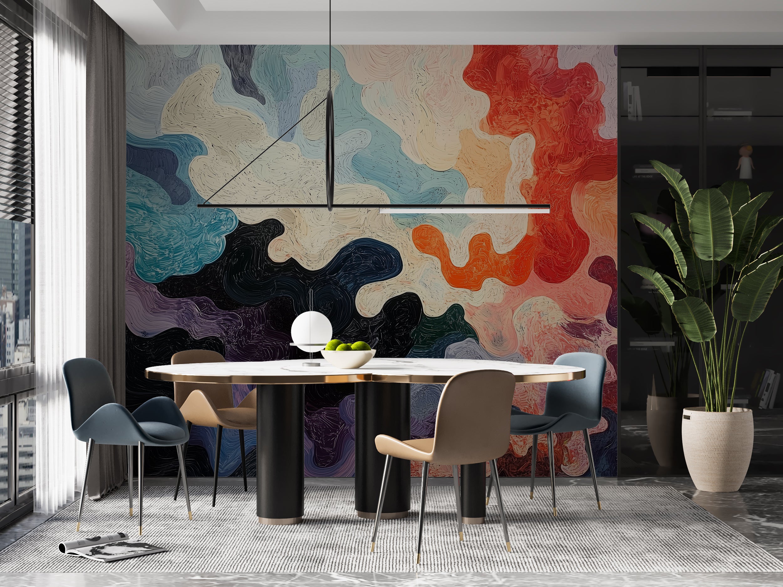 Modern accent wallpaper with abstract colorful art.
Non-woven wallpaper featuring abstract splashes.