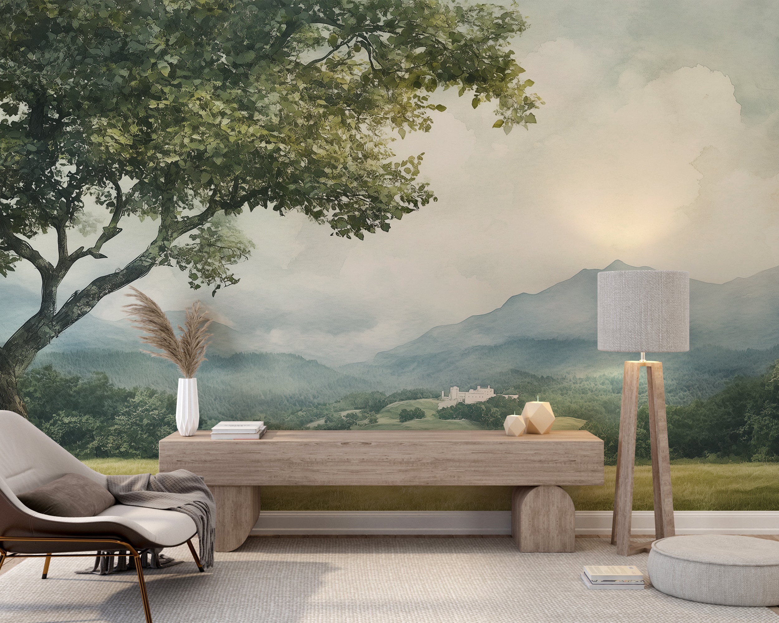 Green mountain wallpaper with a vintage scenic style.
Removable mural with a serene cloudy valley landscape.