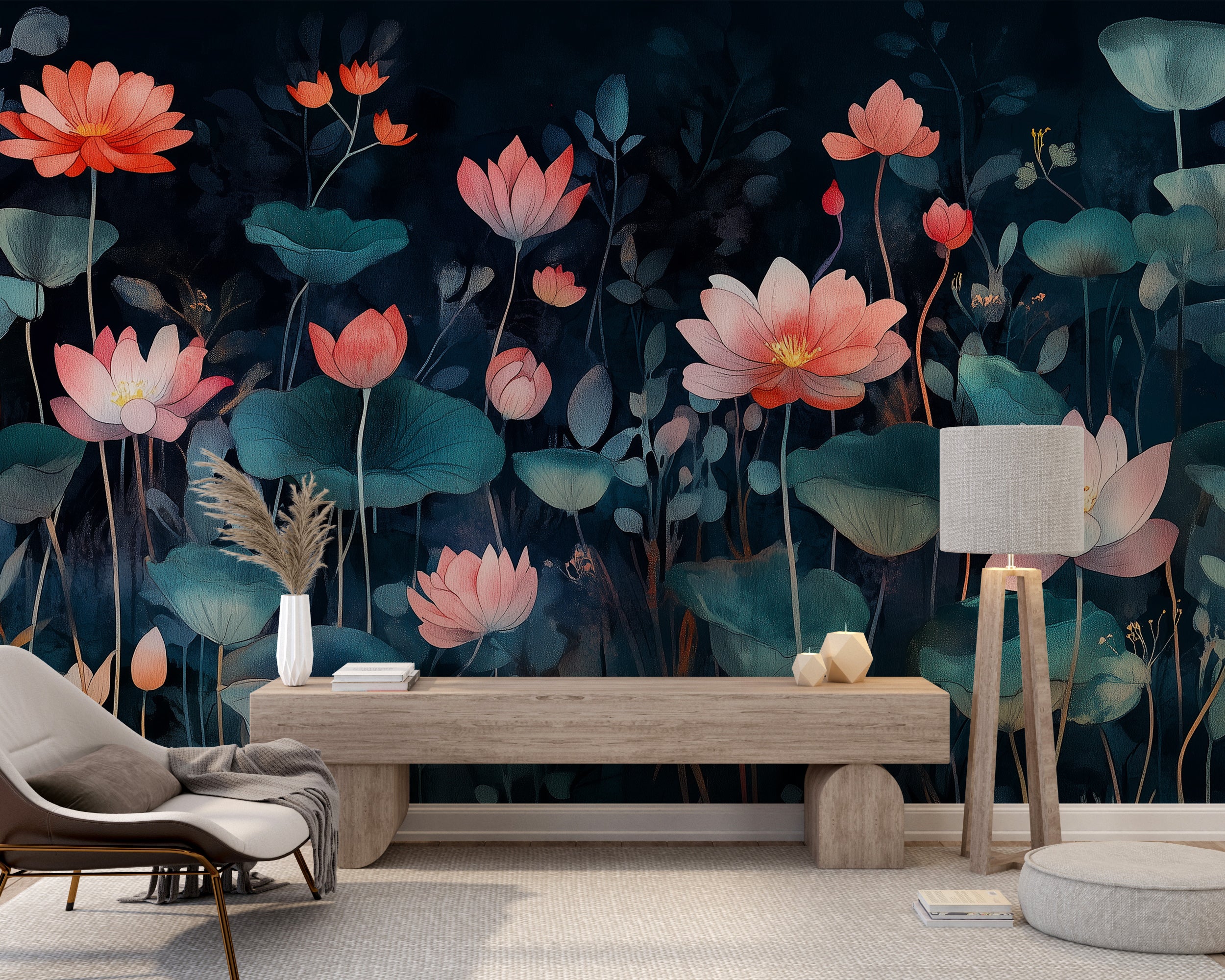 Removable botanical mural with lotus flower design.
Accent wall decor featuring dark lotus flowers.