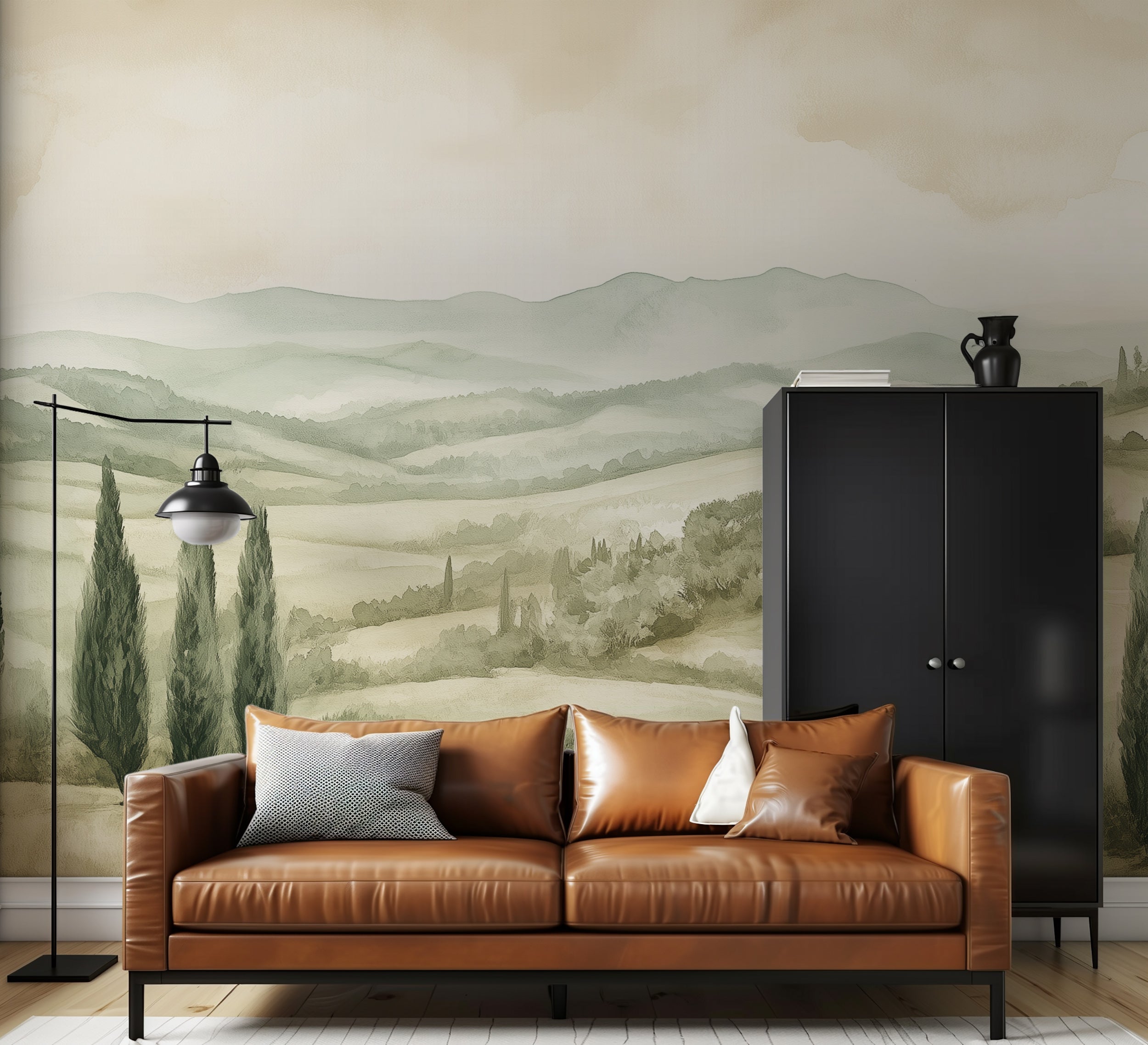 Removable mural featuring watercolor green fields.
Calming landscape mural with light green accents.