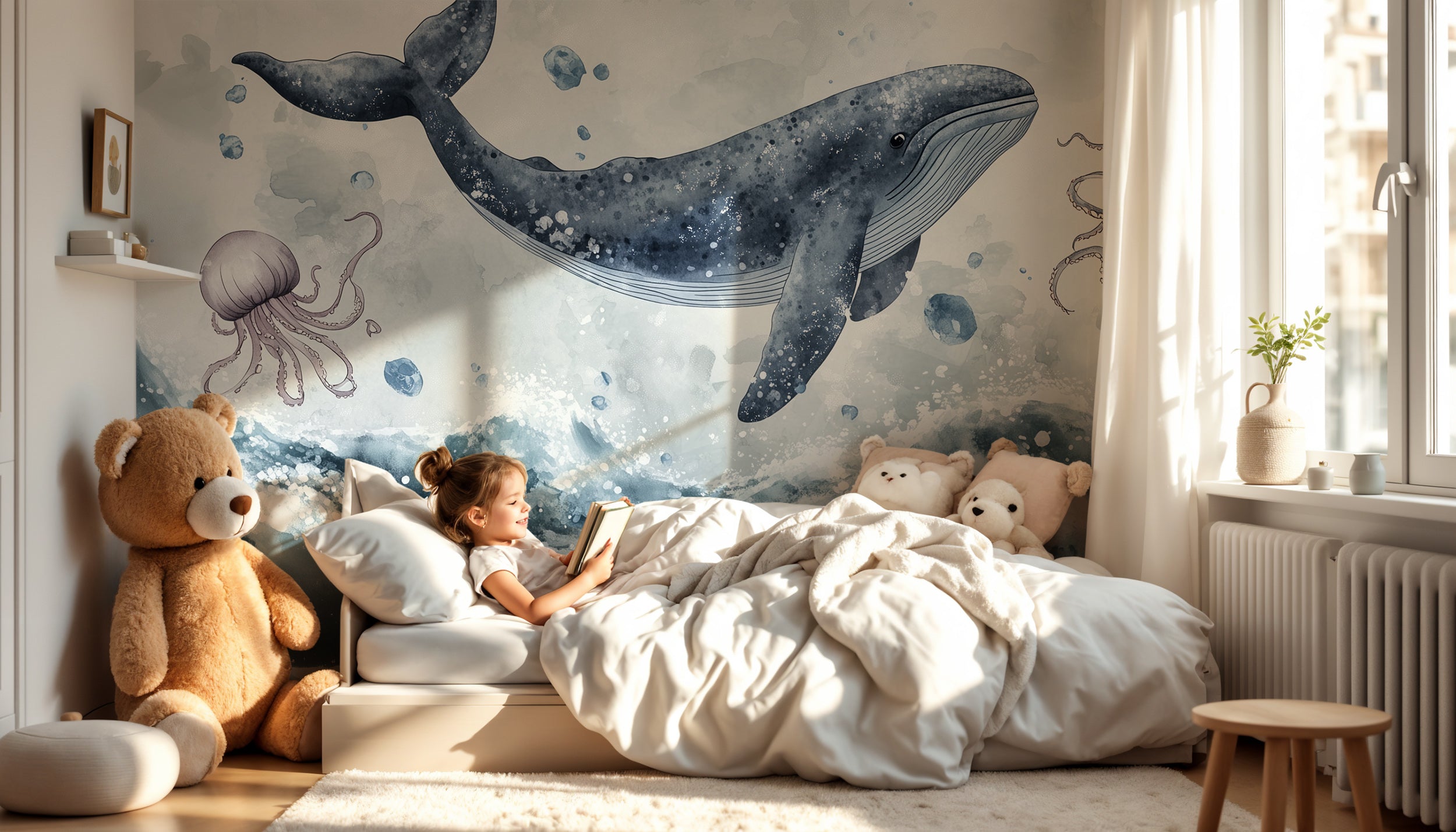 Soft blue ocean animals wallpaper for kids' rooms.
Removable whale wall mural with underwater decor.