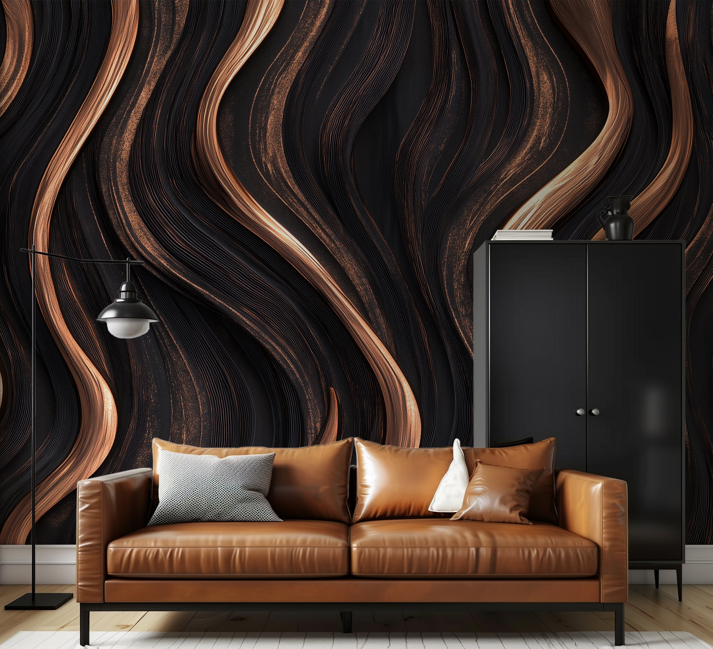 Removable brown wood wall decor with modern waves.
Dark wooden waves mural for home accent walls.