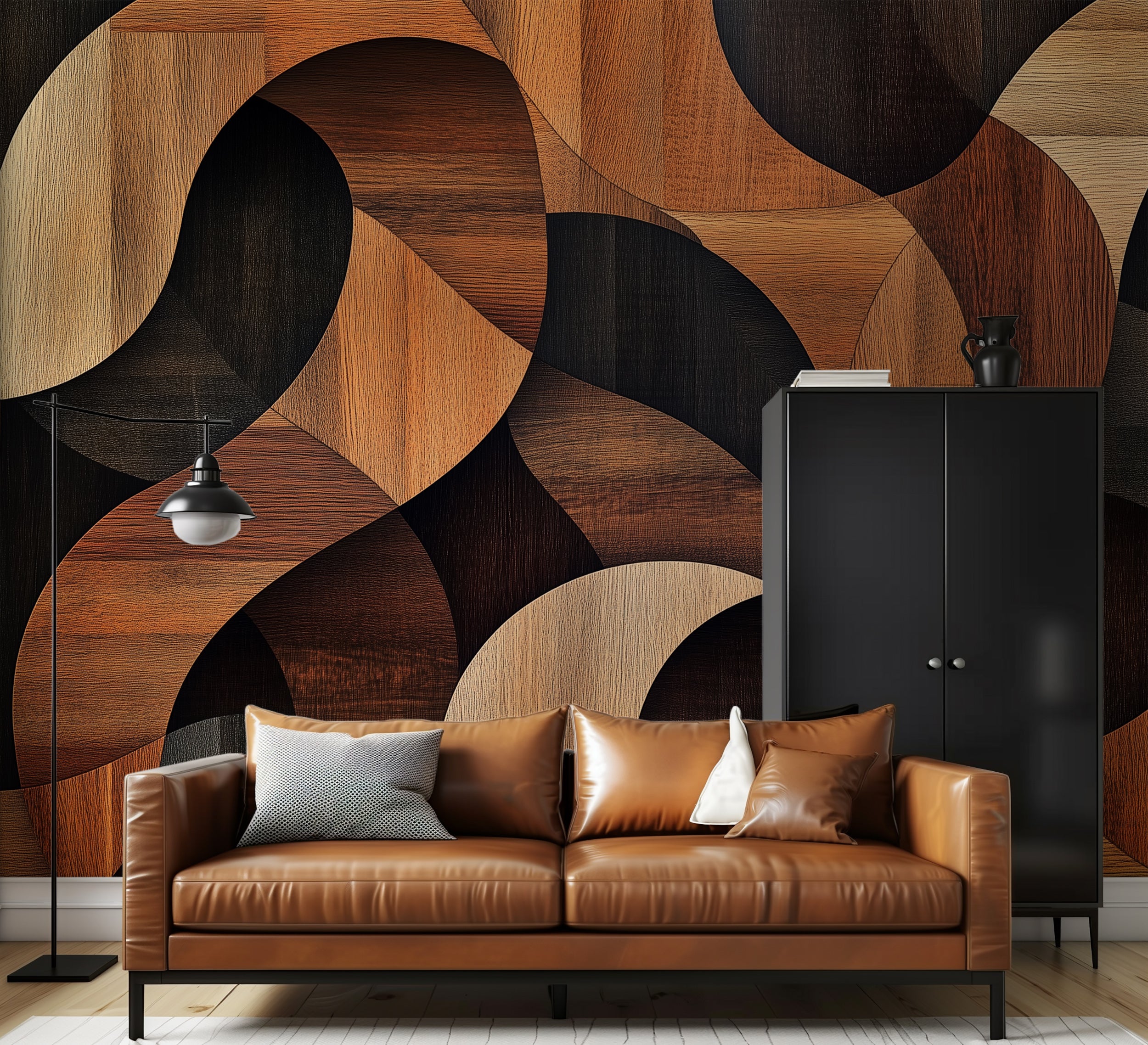 Modern abstract wallpaper with walnut wood patterns.
Removable geometric wood design wallpaper for home decor.