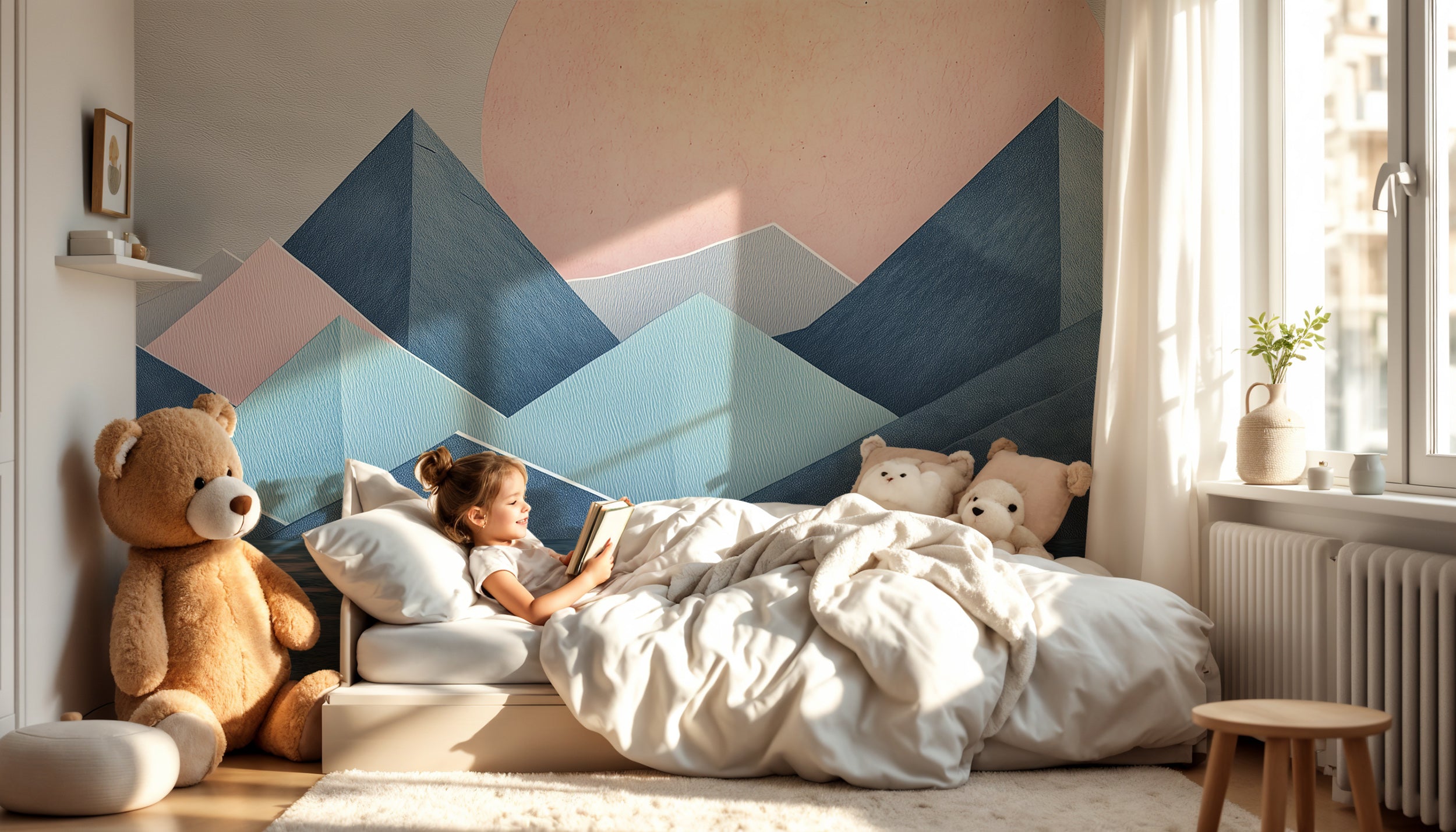 Geometric cubist blue mountain mural for bold decor.
Peel-and-stick nursery wallpaper with cubism blue mountains.