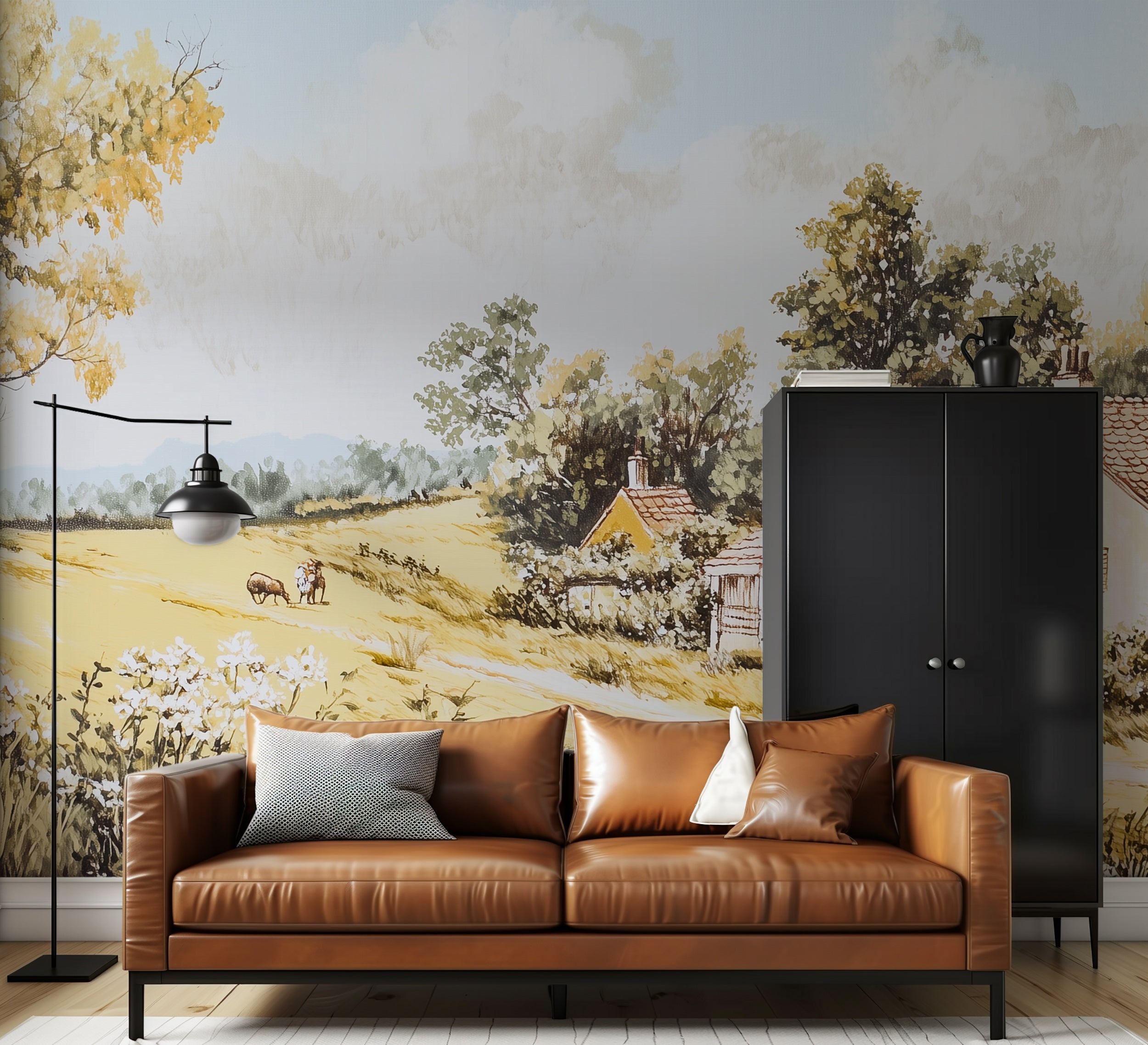 Classic French countryside mural with soft landscape tones.
Elegant oil painting landscape mural for French country feel.