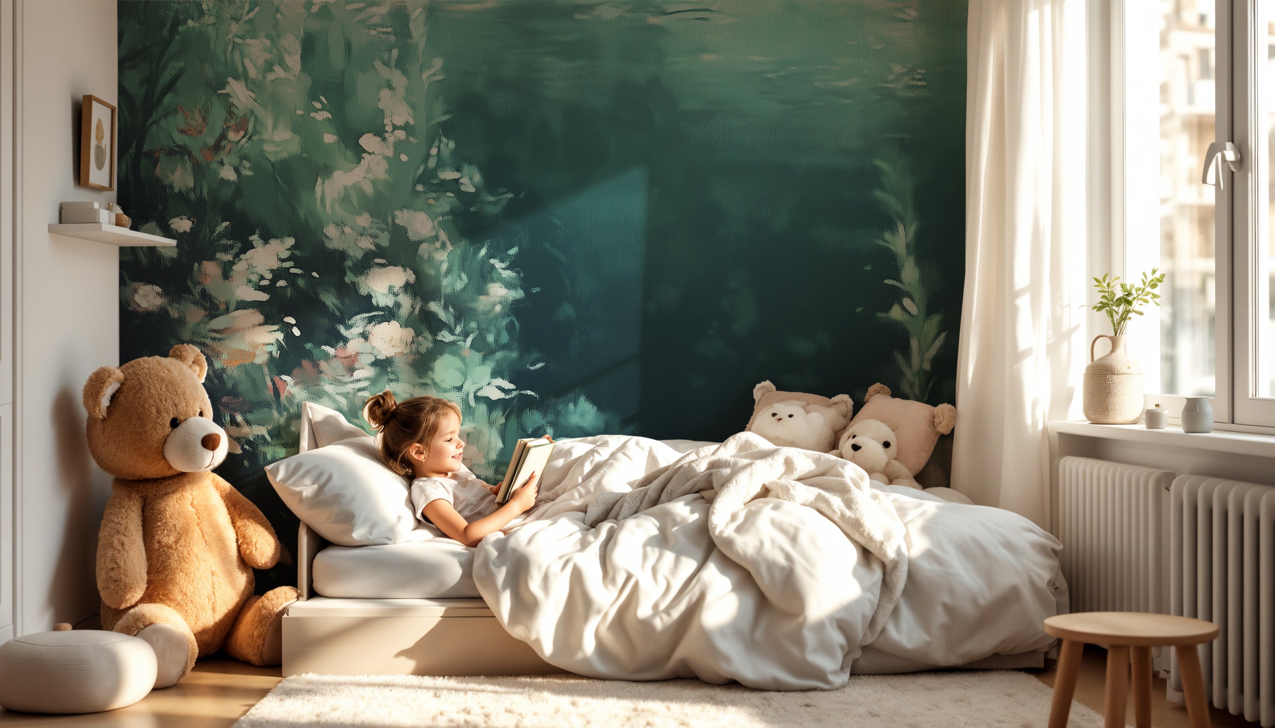 Mystic ocean wall mural for bathroom or living room decor.
Enchanting dark turquoise and coral underwater wallpaper.