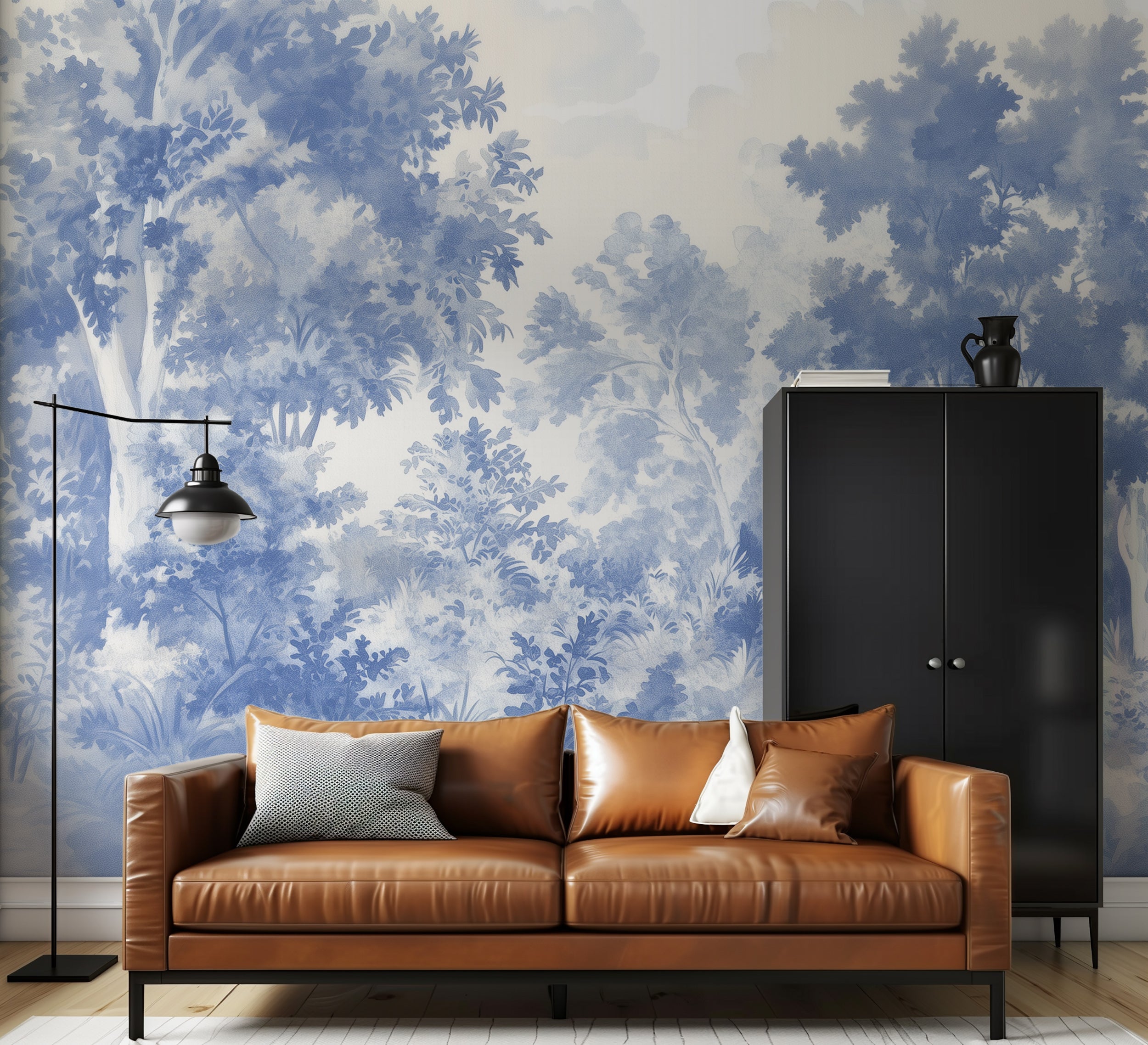 Elegant vintage forest wall mural with blue trees.
French countryside style wallpaper with forest trees.