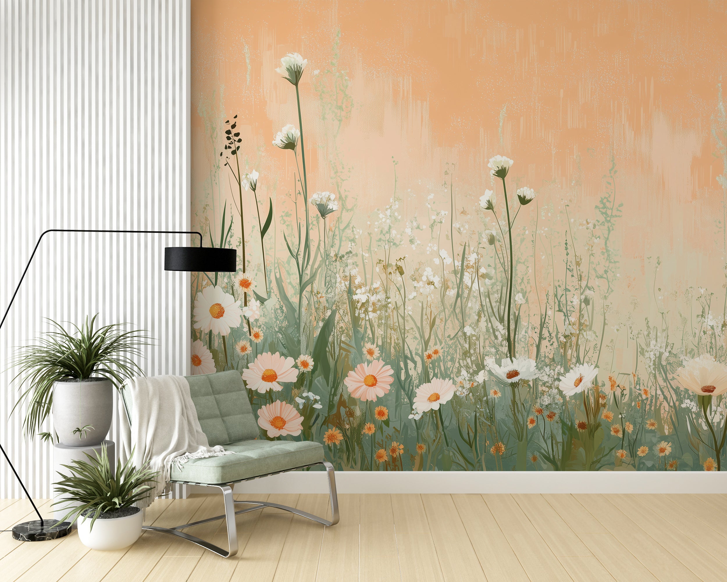 Cheerful flower field mural with peach daisies for kids room.
Soft botanical mural with peach and white flowers.