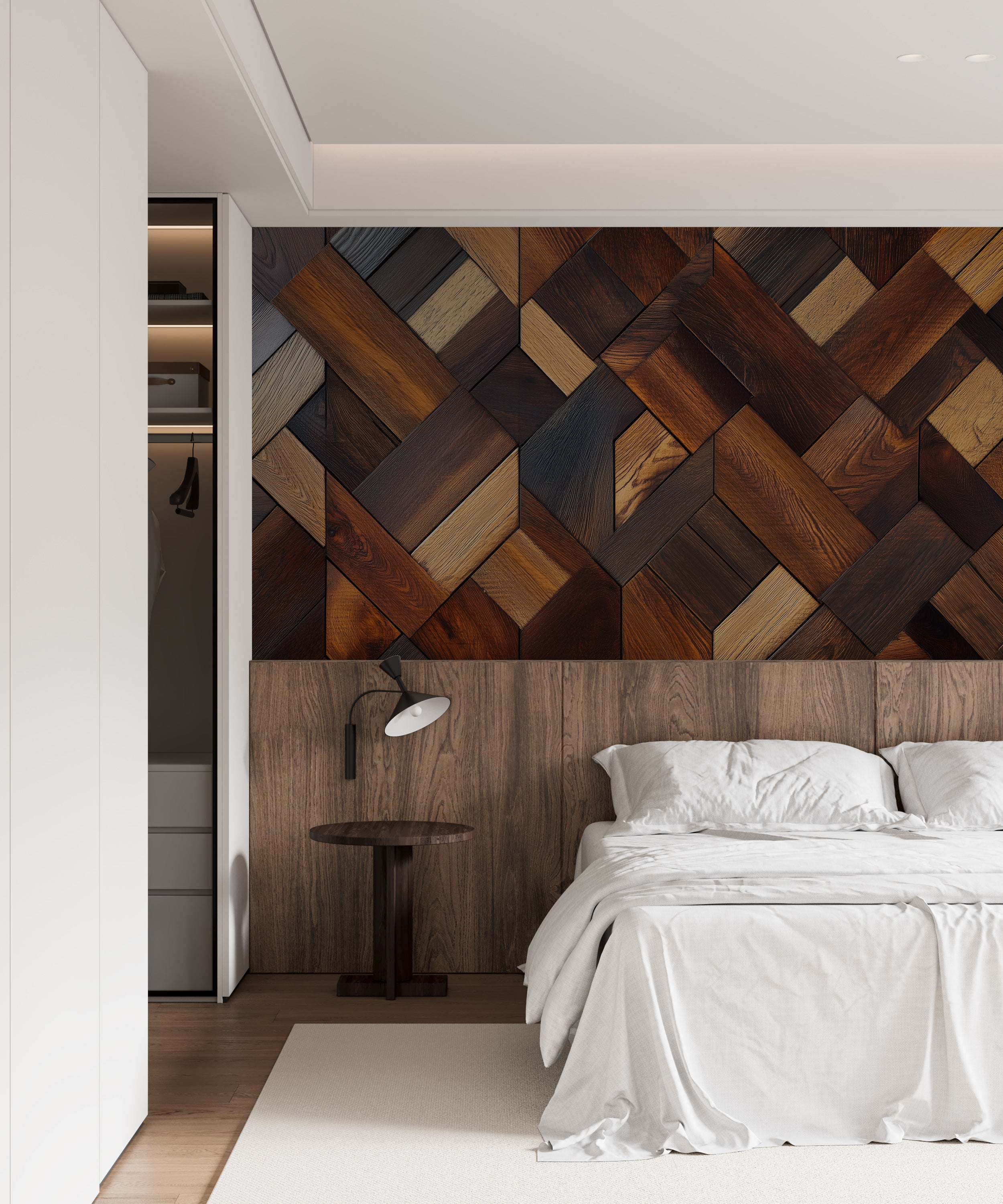 Dark wooden paneling mural for warm, earthy decor.
Rustic wooden wall mural with dark wood grain texture.