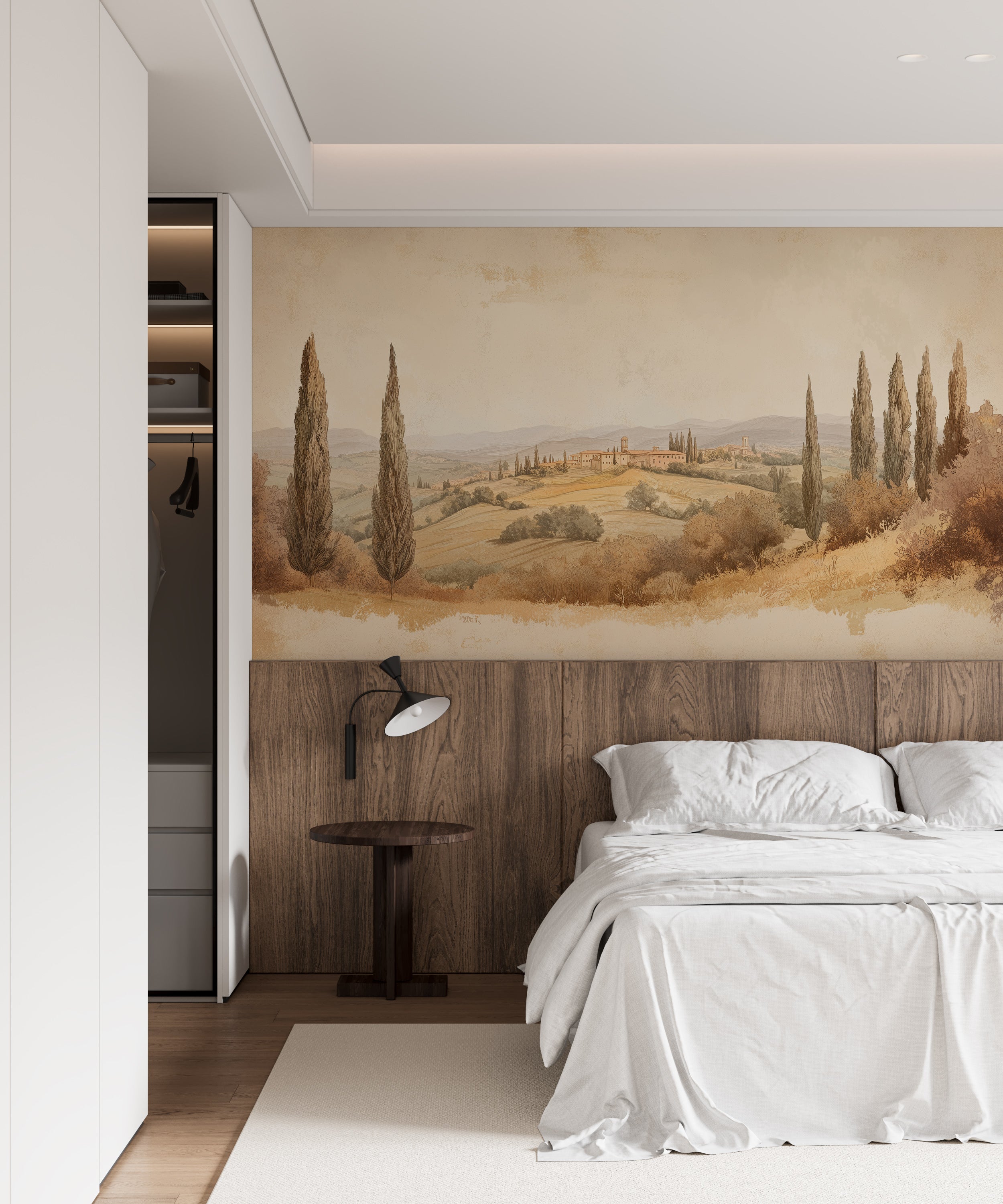 Soft beige nature-inspired mural for rustic home decor.
Vintage watercolor wallpaper with retro landscape scene.